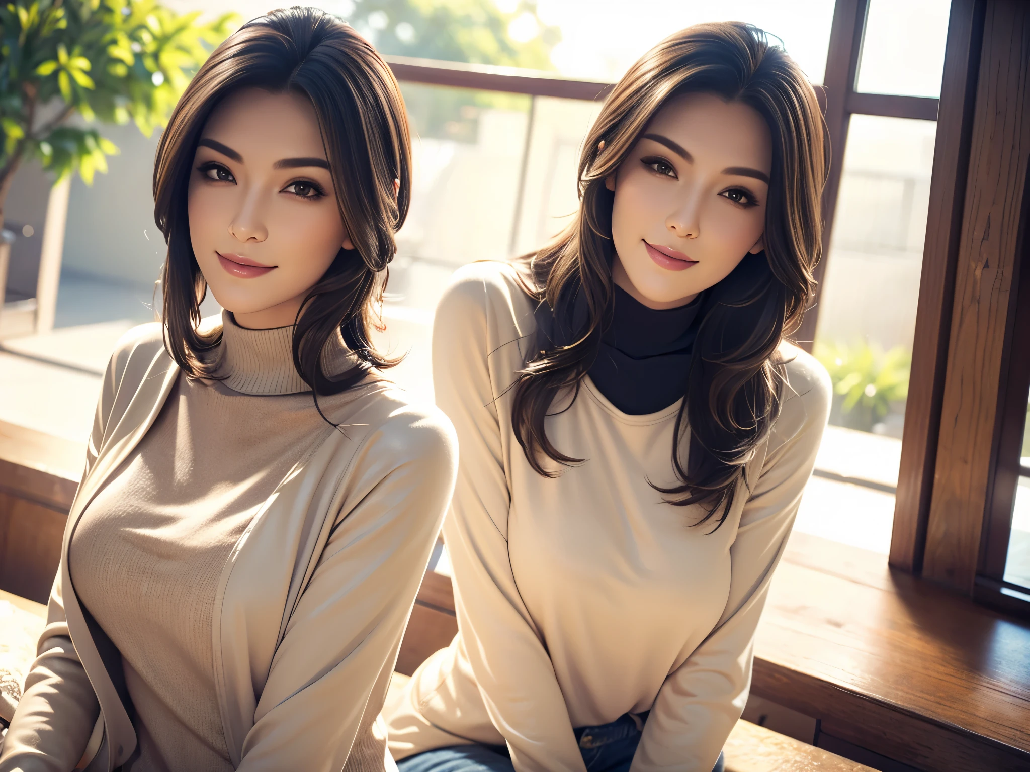 a beautiful young woman in a casual outfit, medium length hair, lady bikers, detailed face, alluring eyes, full lips, large bust, turtle neck t-shirt, leather jacket, outdoor date setting, soft lighting, warm colors, photorealistic, 8k, cinematic, beautiful detailed eyes, beautiful detailed lips, extremely detailed face and eyes, long eyelashes, intricate clothing textures, elegant posing, warm smile, romantic atmosphere