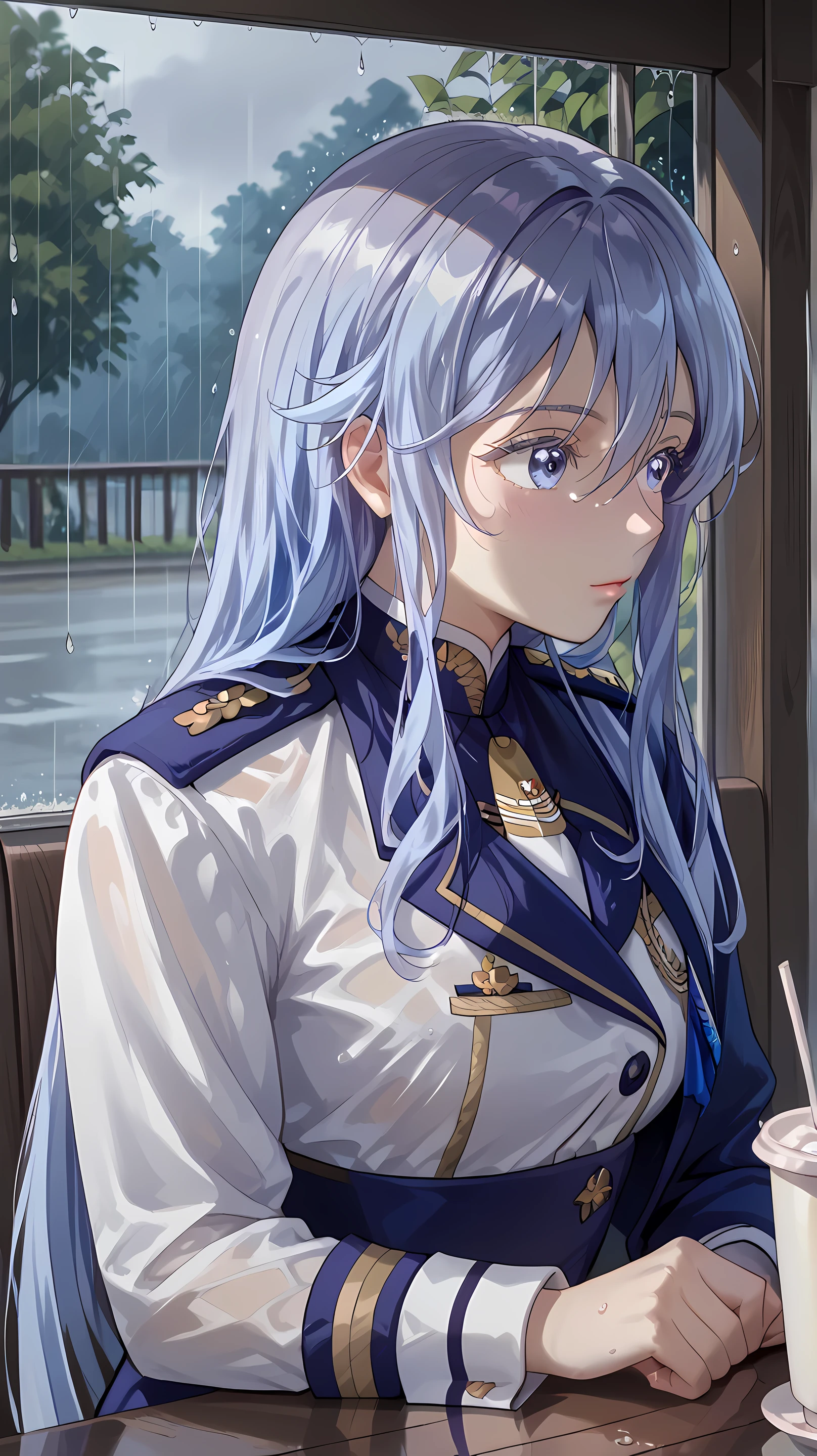 (Vladilena Milize), ((cute)), (Vladilena), light blue hair, blue eye, anime style, blue and white uniform, sitting in cafe, (looks away), close up, rainy, holding a cup