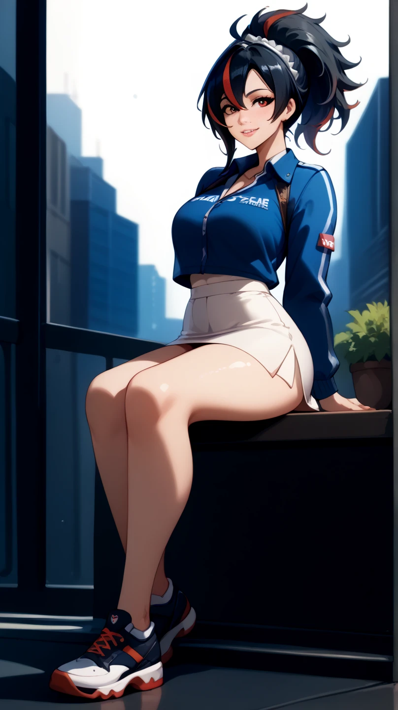 ((best quality)), masterpiece,looking at viewer,full body,arms behind back Zhu Yuan from Zenless Zone Zero, with ponytail hair featuring black hair, STREAKED HAIR AT THE MIDDLE HAIR.smile, Perfect body ,large breasts,arms,behind back,white slimfit tshirt,white skirt, showcasing long, enticing legs,front look