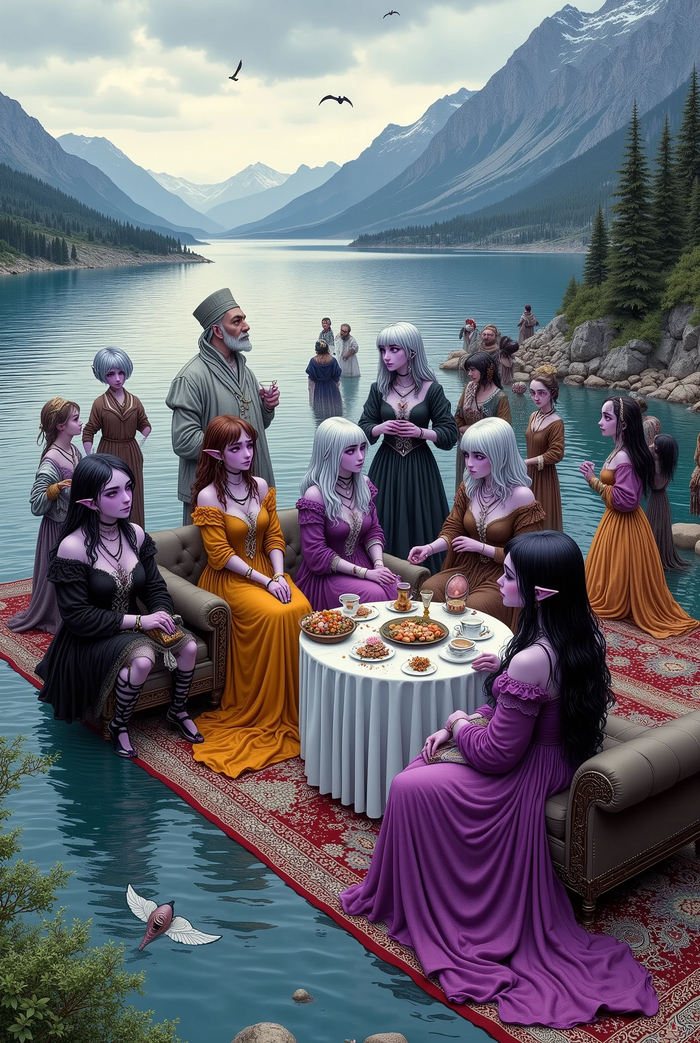 (Ultra-detailed face, Looking away, Fantasy Illustration with Gothic, Dark tone colors, Viewpoint from above looking down on the ground.), BREAK 
(The dark elf ladies are having a tea party with a magic Persian carpet floating in the center of a quiet, gently breezy lake with a deep mist, a small rococo round table in the center, and ladies sitting on rococo sofas, smiling and talking to each other. At the end of the carpet, an old butler watches over the ladies, smiling.), BREAK 
(The young dark elf ladies have brown hair and brown eyebrows, black hair and black eyebrows, gray hair and white eyebrows, blunt bangs, well-groomed chest-length hair, small pink lips, dark purple skin, and thick eyeliner.), BREAK 
(The dark elf ladies wear colorful bonnets, ribbon ties and scarves. They wear tight velour lace-up dresses printed with various seasonal floral patterns with lace ruffles. There is also a puff-sleeved dress. Around her waist she wears a long, colorful silk pareo. They wear glassy, sparkling mules. They wear anklets, bangles, rings, necklaces, and hair ornaments with scorpion motifs. They carry silk handkerchiefs.), BREAK 
(This is a vast lake spreading out among the mountains in the style of medieval Eastern Europe. The surface of the water gently ripples, creating an atmosphere of tranquility and peace. Mysterious ladies and butlers.)