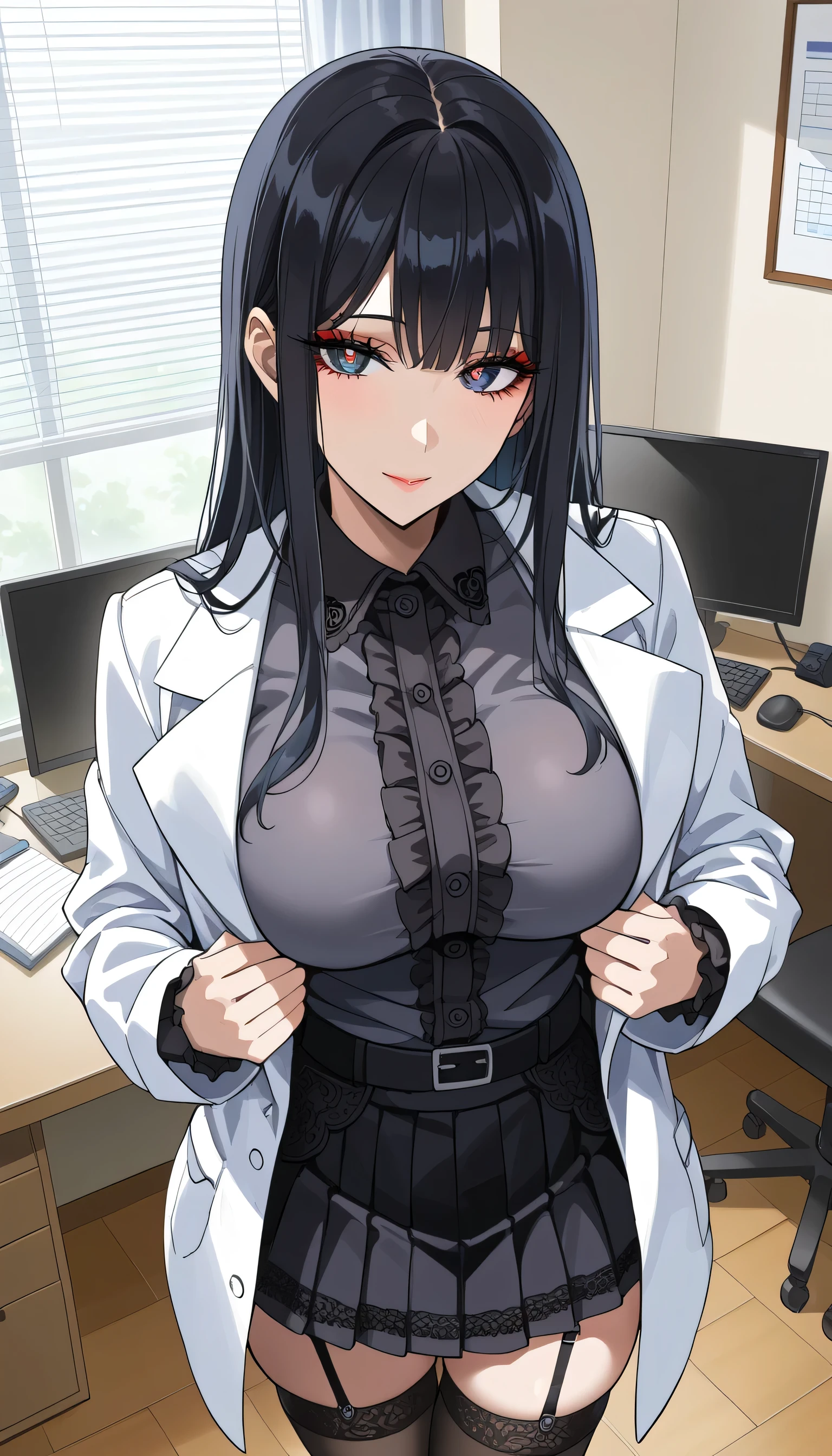 Depressed、Bad mood、steins;Gate、Bad mood、 score_9,  score_8_up,  score_7_up,  source_anime,masterpiece、 office、office、 No Emotion、 no makeup、 best quality, beautifully detailed eyes , Exquisite Eyes、A sophisticated eye、 highly detailed eyes and face,Unmotivated look、Apathetic face、 long breasts, 1 female, Put on a white coat、Grey dress shirt、 gothic lolita、 Gothic Lolita Shirt Under a White Coat、 Grey Gothic Lolita Shirt 、Black Gothic Lolita Skirt 、 gray gothic lolita shirt、 Black Gothic Lolita Skirt 、 Mini Skirt、 short skirt  , Big saggy breasts, shockingly  Big Breasts ,  Big Breasts , room,Big Breasts、 boobs 、 zitales , makeup、 no makeup、 black hair、 Long Hair、Smooth straight hair、 black stockings 、 garter belt 、black garter belt  、 taken from above