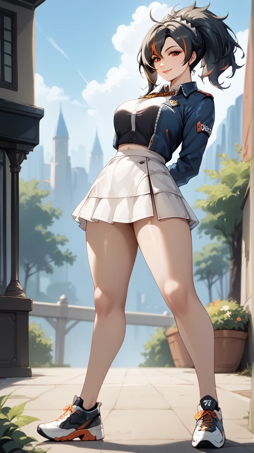 ((best quality)), masterpiece,looking at viewer,full body,arms behind back Zhu Yuan from Zenless Zone Zero, with ponytail hair featuring black hair, STREAKED HAIR AT THE MIDDLE HAIR.smile, Perfect body ,large breasts,arms,behind back,white slimfit tshirt,white skirt, showcasing long, enticing legs,front look