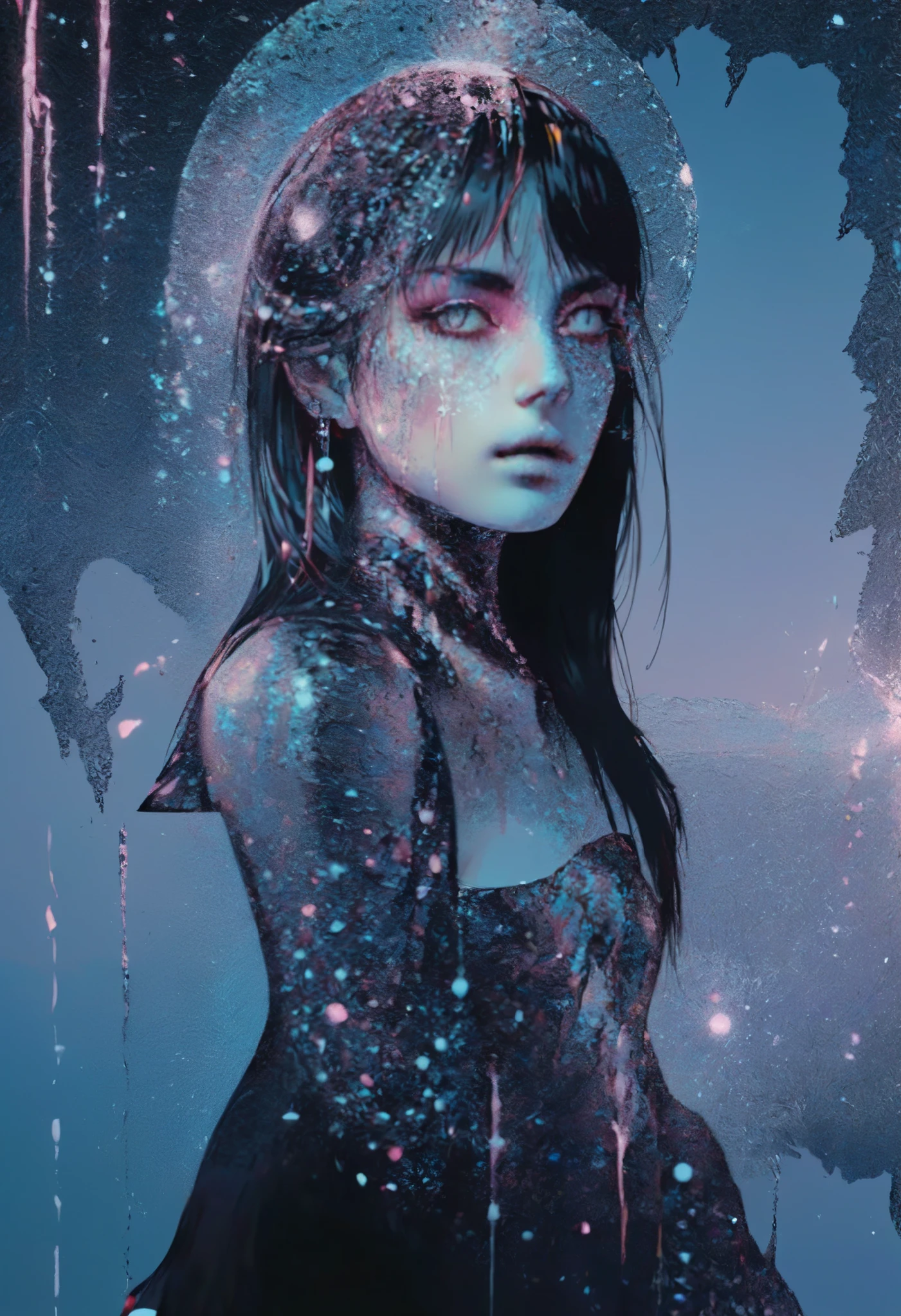  Nova Chroma Style Glitter,Split Composition ,  very beautiful girl 、The mental world of a mentally ill person 、Abstract、 real illustration 、Contemporary Art,  high detail, Realistic shadows,  Color Difference,  surrealism 、  Complementary Gradients 、Melancholy、 greatest masterpiece、horror scene