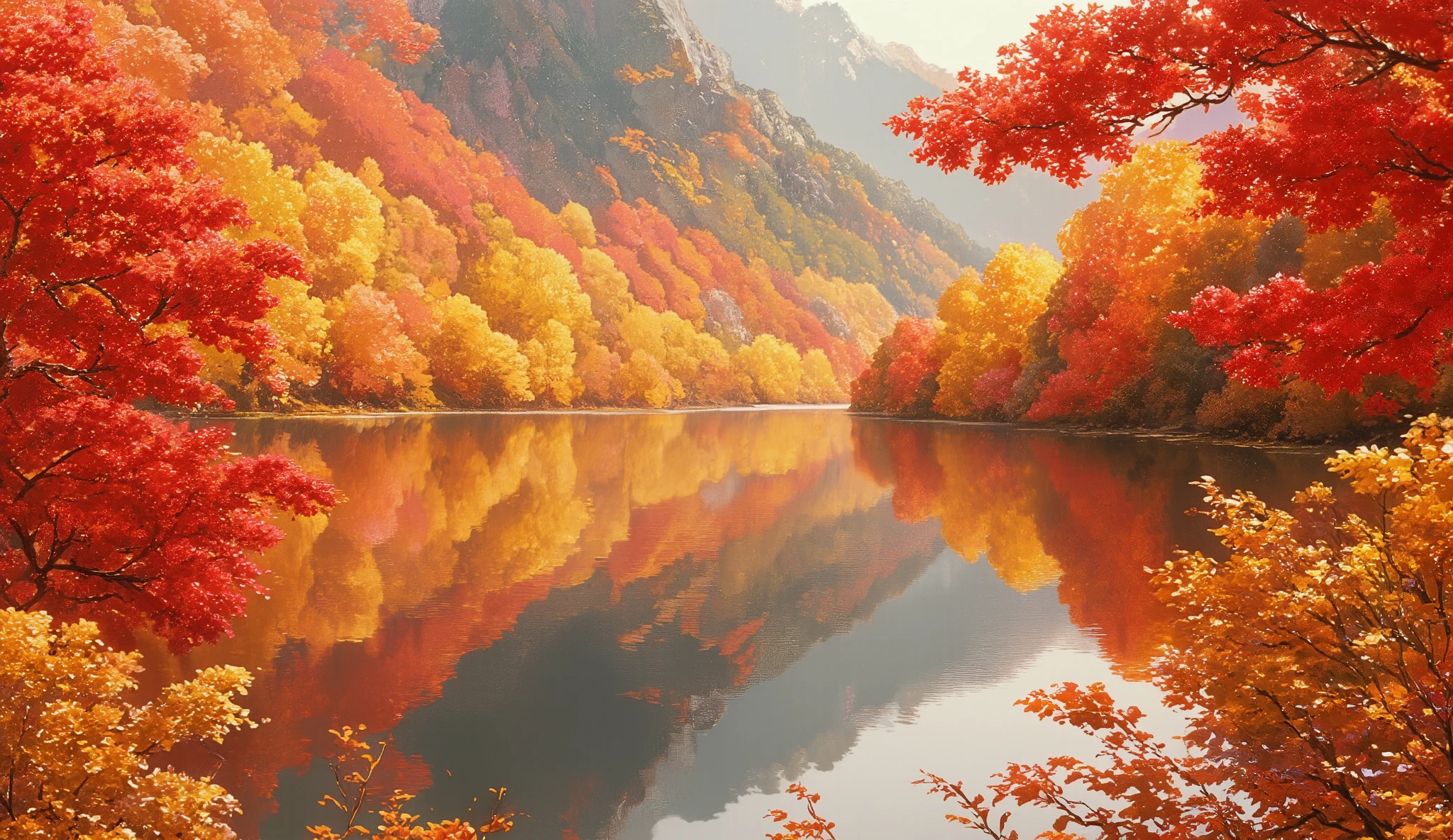 a beautiful autumn lake, colorful red and yellow foliage, lush red leaves, gradients of yellow and red leaves adorning the lakeside mountains, (best quality,4k,8k,highres,masterpiece:1.2),ultra-detailed,(realistic,photorealistic,photo-realistic:1.37),landscape,vibrant colors,dramatic lighting,serene atmosphere,scenic,autumn,foliage,nature,tranquil lake,mountainous landscape