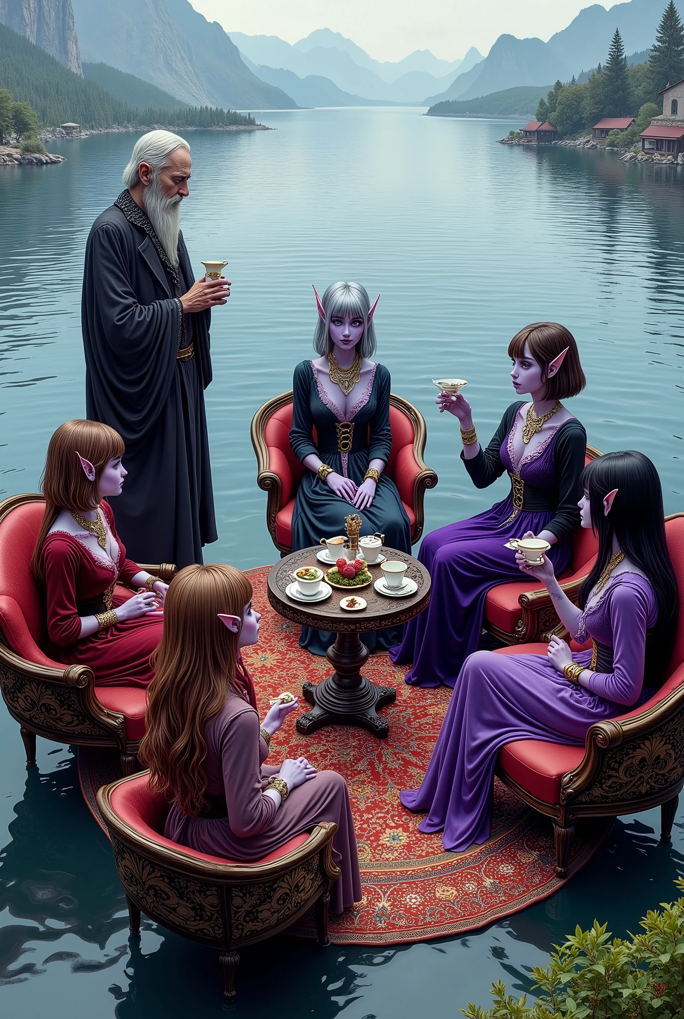 (Ultra-detailed face, Looking away, Fantasy Illustration with Gothic, Dark tone colors, Viewpoint from above looking down on the ground.), BREAK 
(The dark elf ladies are having a tea party with a magic Persian carpet floating in the center of a quiet, gently breezy lake with a deep mist, a small rococo round table in the center, and ladies sitting on rococo sofas, smiling and talking to each other. At the end of the carpet, an old butler watches over the ladies, smiling.), BREAK 
(The young dark elf ladies have brown hair and brown eyebrows, black hair and black eyebrows, gray hair and white eyebrows, blunt bangs, well-groomed chest-length hair, small pink lips, dark purple skin, and thick eyeliner.), BREAK 
(The dark elf ladies wear colorful bonnets, ribbon ties and scarves. They wear tight velour lace-up dresses printed with various seasonal floral patterns with lace ruffles. There is also a puff-sleeved dress. Around her waist she wears a long, colorful silk pareo. They wear glassy, sparkling mules. They wear anklets, bangles, rings, necklaces, and hair ornaments with scorpion motifs. They carry silk handkerchiefs.), BREAK 
(This is a vast lake spreading out among the mountains in the style of medieval Eastern Europe. The surface of the water gently ripples, creating an atmosphere of tranquility and peace. Mysterious ladies and butlers.)