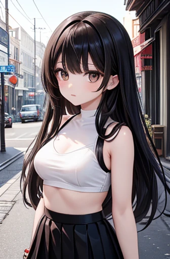 Highest quality, High resolution,1 female,thin、Small face、Brown eyes、expensive、city、Black hair break、Long Hair、White Bra Top Break、(Black Skirt:1.2)、(Beautiful woman:1.5)、Age 25、mature、Abdominal Peek,,Big Breasts