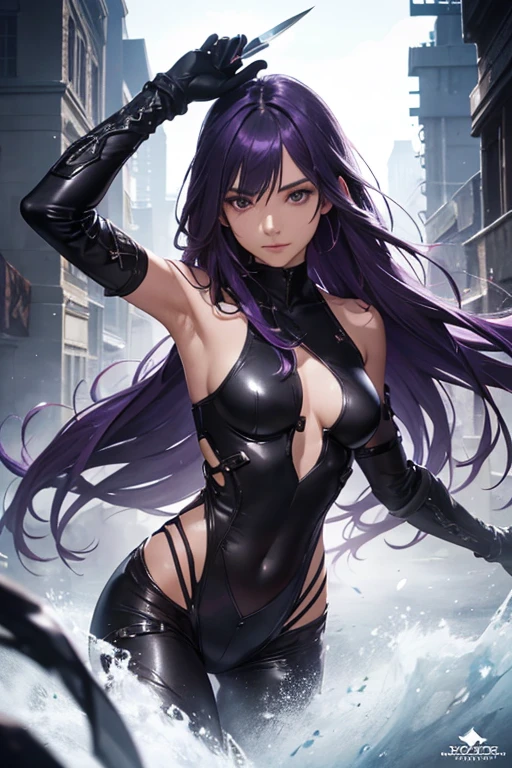 8K, Ultra High Definition, Super detailed, Shiny detailed hair, detailed face, fantasy landscape, solo, looking at viewer, {{best quality}}, {{masterpiece}}, {{ultra-detailed}}, {detailed light}, ultra high quality eyes, detailed eyes, perfect eyes, large eyes, purple eyes, purple hair, long hair, beautiful, skinny body, White skin, slutty, erotic, blushing, open mouth, standing in suggestive pose