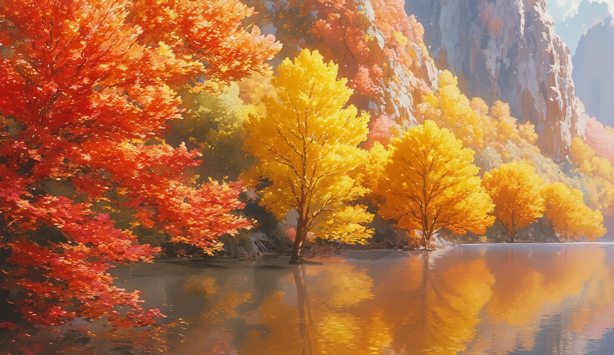 a beautiful autumn lake, colorful red and yellow foliage, lush red leaves, gradients of yellow and red leaves adorning the lakeside mountains, (best quality,4k,8k,highres,masterpiece:1.2),ultra-detailed,(realistic,photorealistic,photo-realistic:1.37),landscape,vibrant colors,dramatic lighting,serene atmosphere,scenic,autumn,foliage,nature,tranquil lake,mountainous landscape