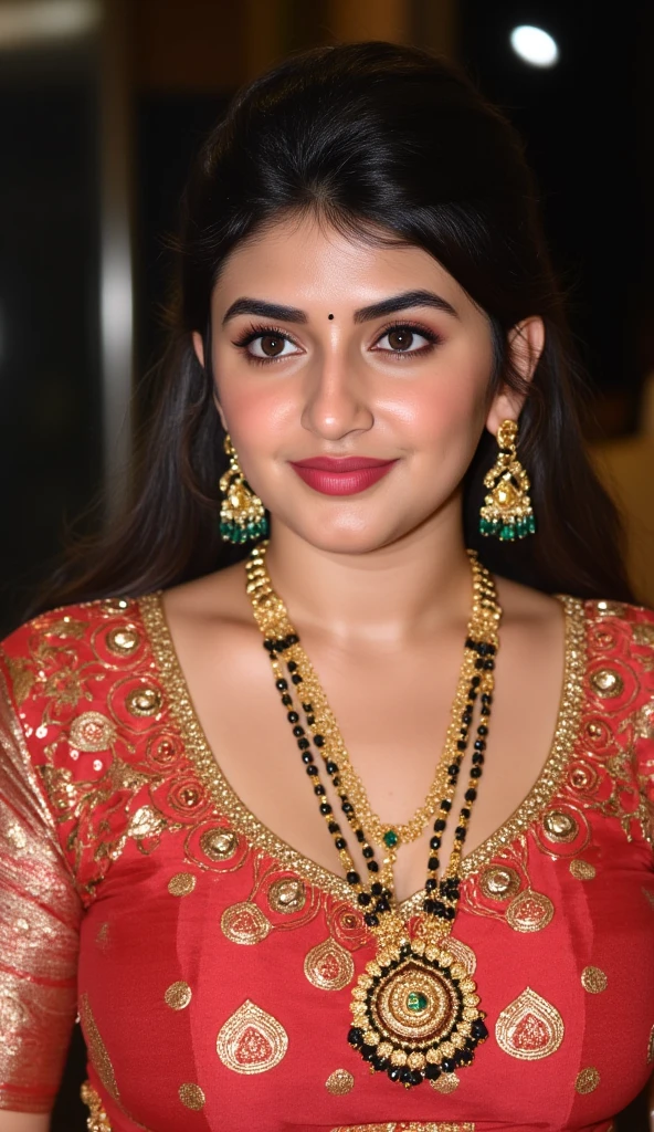 Tall curvaceous thick lady, plum lips, breast size g cup, black lustrous hair, curvy thighs,. The lady has a evil smile expression, wearing a elegant saree and a deep neck blouse and that beautifully reveals her cleavage and navel visible, nipples slightly visible, thick, curvy inner thighs completely visible, legs spread open, saree slightly lifted above thighs, lady wearing a thin an long necklace is made of gold and has a long chain with black and gold beads. The beads are arranged in a repeating pattern, with the largest bead at the bottom and the smallest at the top. In the center of the necklace, there is a pendant with a design in the shape of a queen of spade symbol , The pendant is attached to the chain with a gold clasp. The overall style of the jewelry is traditional and elegant, the lady is adorned with a striking thin golden chain around her hips. She has a small red bindi on her between her eyebrows and green colored glass bangles on her wrist  UHD, retina, masterpiece, accurate, anatomically correct, textured skin, super detail, high details, high quality, award winning, best quality, highre