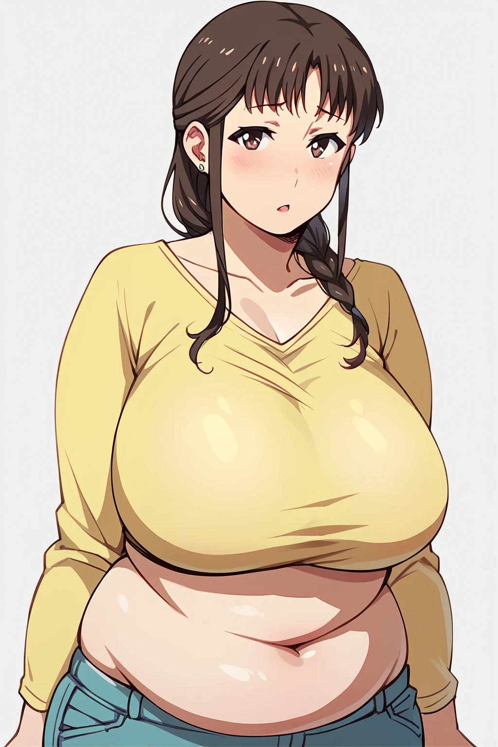 Segawa Misato ,  1 girl, Alone,  hair hanging over shoulders ,  long hair,  brown hair, Stud earrings, Fat body, chubby ,whole body, Yellow long sleeve, huge breasts,  sloppy stomach,  score_9,  score_8_up,  score_7_up,  score_6_up,  score_Anime, staring at you , to the back right 