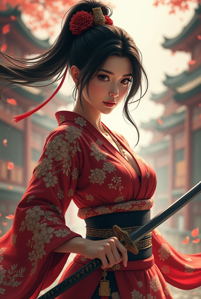 a painting of a woman in a red kimono holding a sword, beautiful character painting, japanese goddess, feudal japan art, very beautiful cyberpunk samurai, by Yang J, female samurai, traditional japanese concept art, japanese art style, japanese fantasy, cyberpunk geisha, detailed painting 4 k, inspired by Kanō Hōgai, detailed anime artwork, anime fantasy artwork