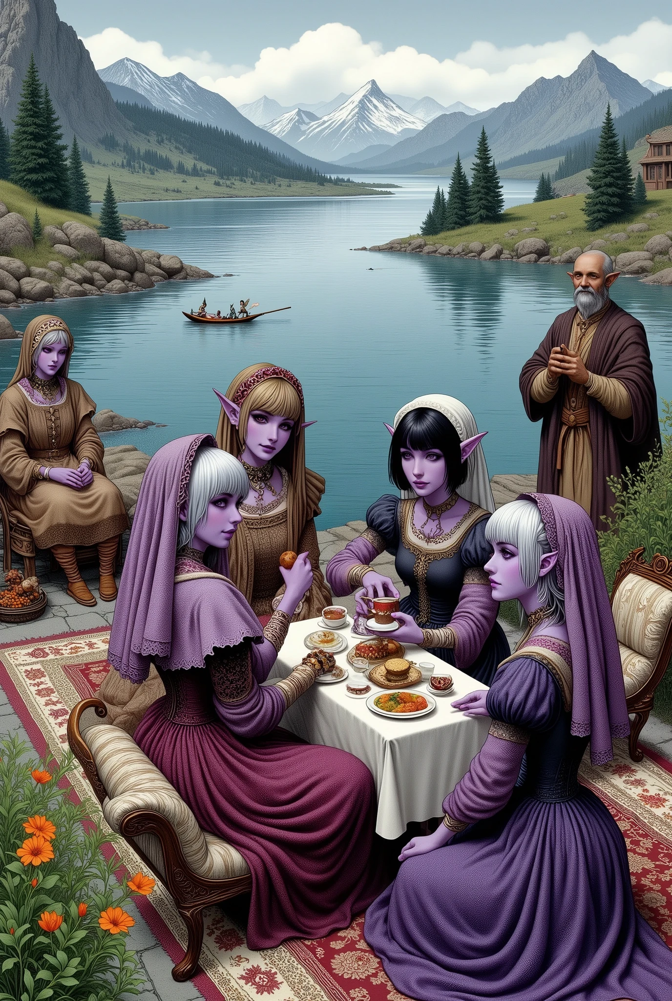 (Ultra-detailed face, Looking away, Fantasy Illustration with Gothic, Dark tone colors, Viewpoint from above looking down on the ground.), BREAK 
(The dark elf ladies are having a tea party with a magic Persian carpet floating in the center of a quiet, gently breezy lake with a deep mist, a small rococo round table in the center, and ladies sitting on rococo sofas, smiling and talking to each other. At the end of the carpet, an old butler watches over the ladies, smiling.), BREAK 
(The young dark elf ladies have brown hair and brown eyebrows, black hair and black eyebrows, gray hair and white eyebrows, blunt bangs, well-groomed chest-length hair, small pink lips, dark purple skin, and thick eyeliner.), BREAK 
(The dark elf ladies wear colorful bonnets, ribbon ties and scarves. They wear tight velour lace-up dresses printed with various seasonal floral patterns with lace ruffles. There is also a puff-sleeved dress. Around her waist she wears a long, colorful silk pareo. They wear glassy, sparkling mules. They wear anklets, bangles, rings, necklaces, and hair ornaments with scorpion motifs. They carry silk handkerchiefs.), BREAK 
(This is a vast lake spreading out among the mountains in the style of medieval Eastern Europe. The surface of the water gently ripples, creating an atmosphere of tranquility and peace. Mysterious ladies and butlers.)