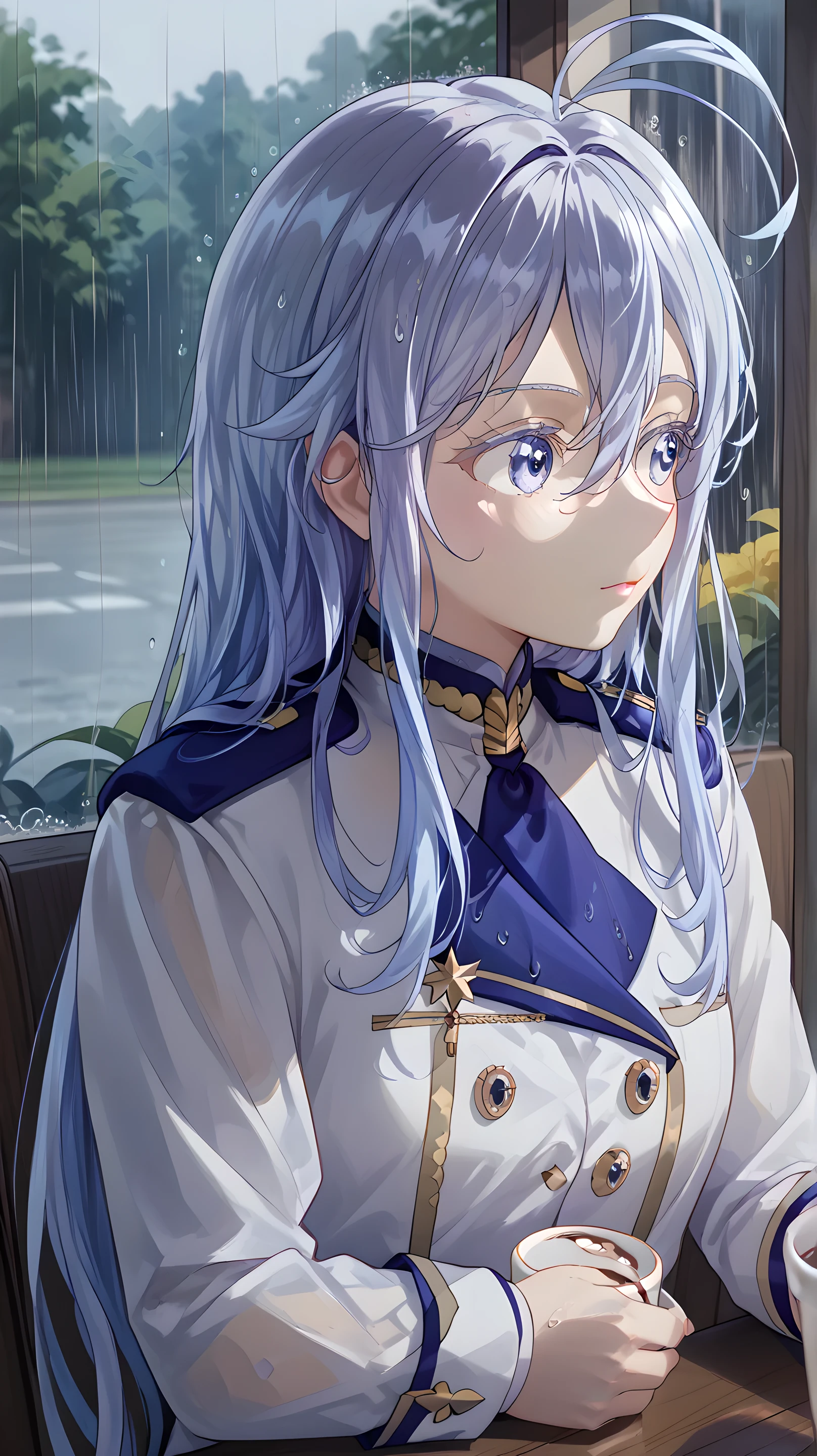 (Vladilena Milize), ((cute)), (Vladilena), light blue hair, blue eye, anime style, blue and white uniform, sitting in cafe, (looks away), close up, rainy, holding a cup, ahoge