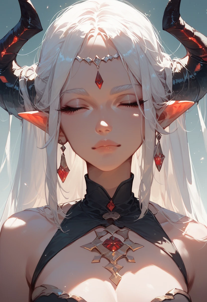 score_9, score_8_up, score_7_up, 1girl, solo,  1 girl, long white hair, Eyes Pretos de Máscara Black, Is horns an elf's ear 