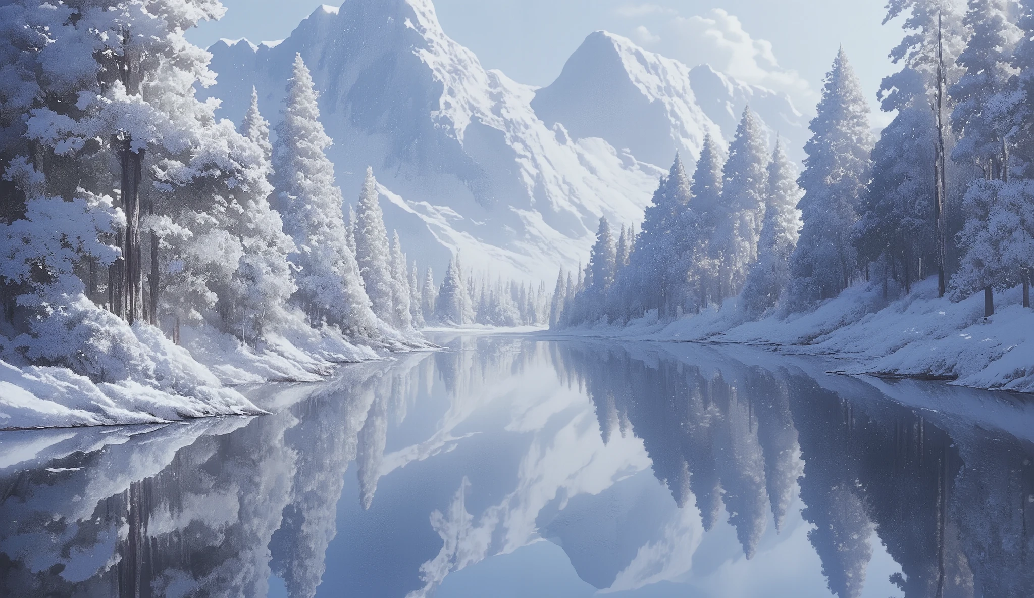 a serene, peaceful lakeside surrounded by snow-covered mountains, a mirror-like lake reflecting the beautiful natural scenery, snow-covered trees, intricate snow-covered details, dramatic lighting, dramatic shadows, ethereal atmosphere, cinematic composition, muted color palette, serene and tranquil mood, highly detailed, photorealistic, 8k, best quality, masterpiece