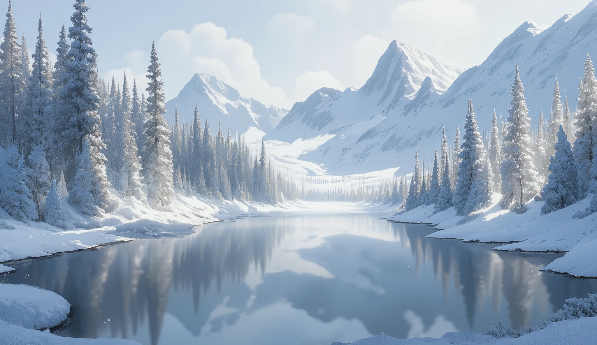 a serene, peaceful lakeside surrounded by snow-covered mountains, a mirror-like lake reflecting the beautiful natural scenery, snow-covered trees, intricate snow-covered details, dramatic lighting, dramatic shadows, ethereal atmosphere, cinematic composition, muted color palette, serene and tranquil mood, highly detailed, photorealistic, 8k, best quality, masterpiece