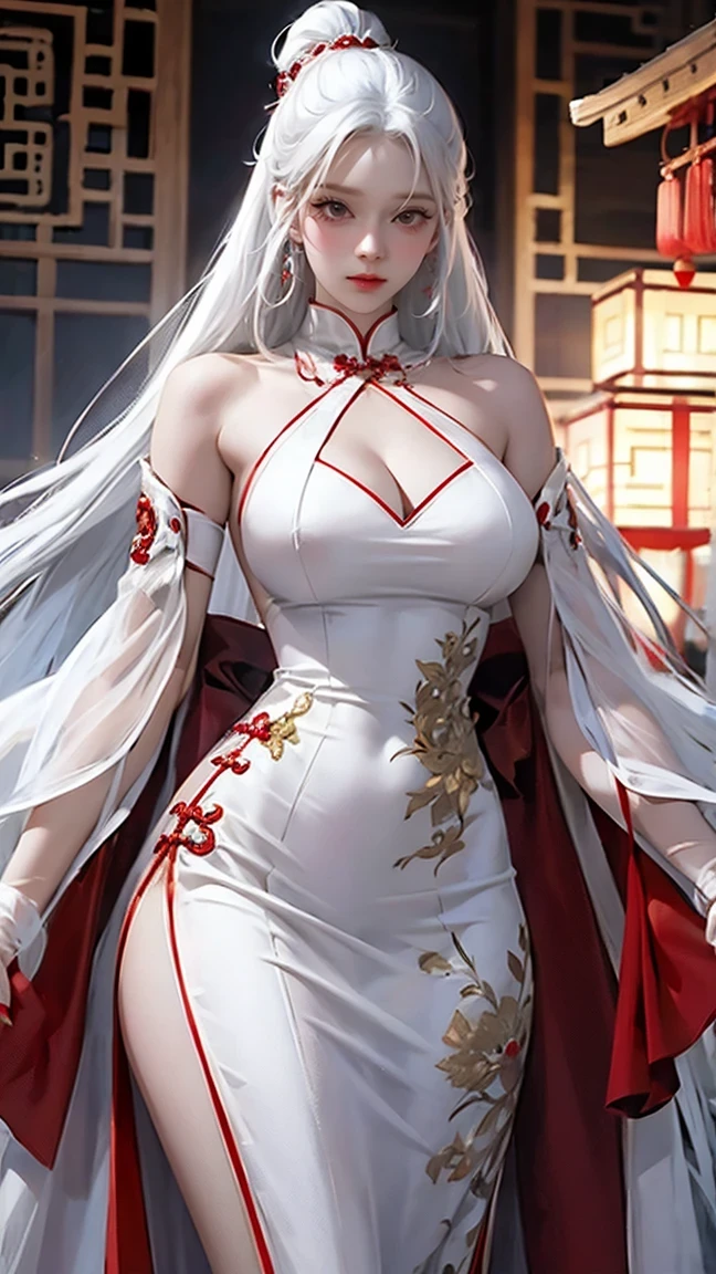 A woman with white hair and red eyes wearing a Chinese-style dress is a bit like an anime, that's Art ny And her clothes are a bit closed, she has a scarf or a cloak like that, so she wears a cloak like that so that it's a bit closed, (NSFW:1.2)