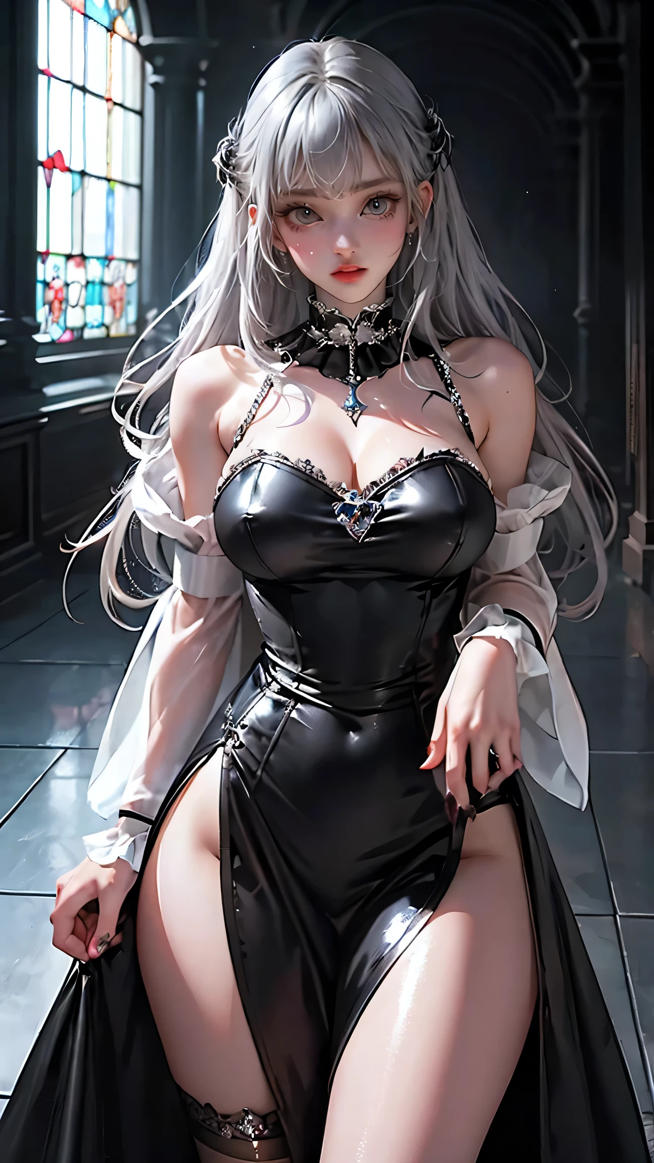 Best quality, Ray tracing , Network Effects, Black background, Incredibly beautiful , Japanese, perfect face, perfect lighting, sexy pose, White hair, ponytails, open chest, nipples are visible, full body, wide hips, Sagging large breasts, bows, The skirt flutters in the wind, no panties, Hands raised, eyeliner, glitter, diamonds, Shiny hair stands out, eyes are deep and expressive, detailed face, Pale face, a lot of details, lace stockings, wants sex, sleeves with ribbon, veil, daring, Passion, nipples are visible