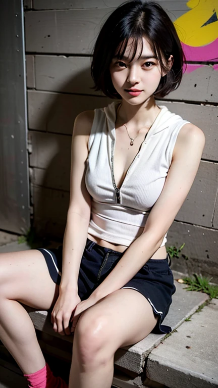 Reality, high resolution, Soft Light,1 Woman,Upper body photo, Solitary, Hip lift, View Viewer, (Delicate face), short hair, lying on the grass, Looking from the bottom up, Show your upper body, secretary, Black skirt, stockings, plump breasts, Not worn, Not worn, Focus on your nipples, White skin, Skin is flawless, soft and shiny