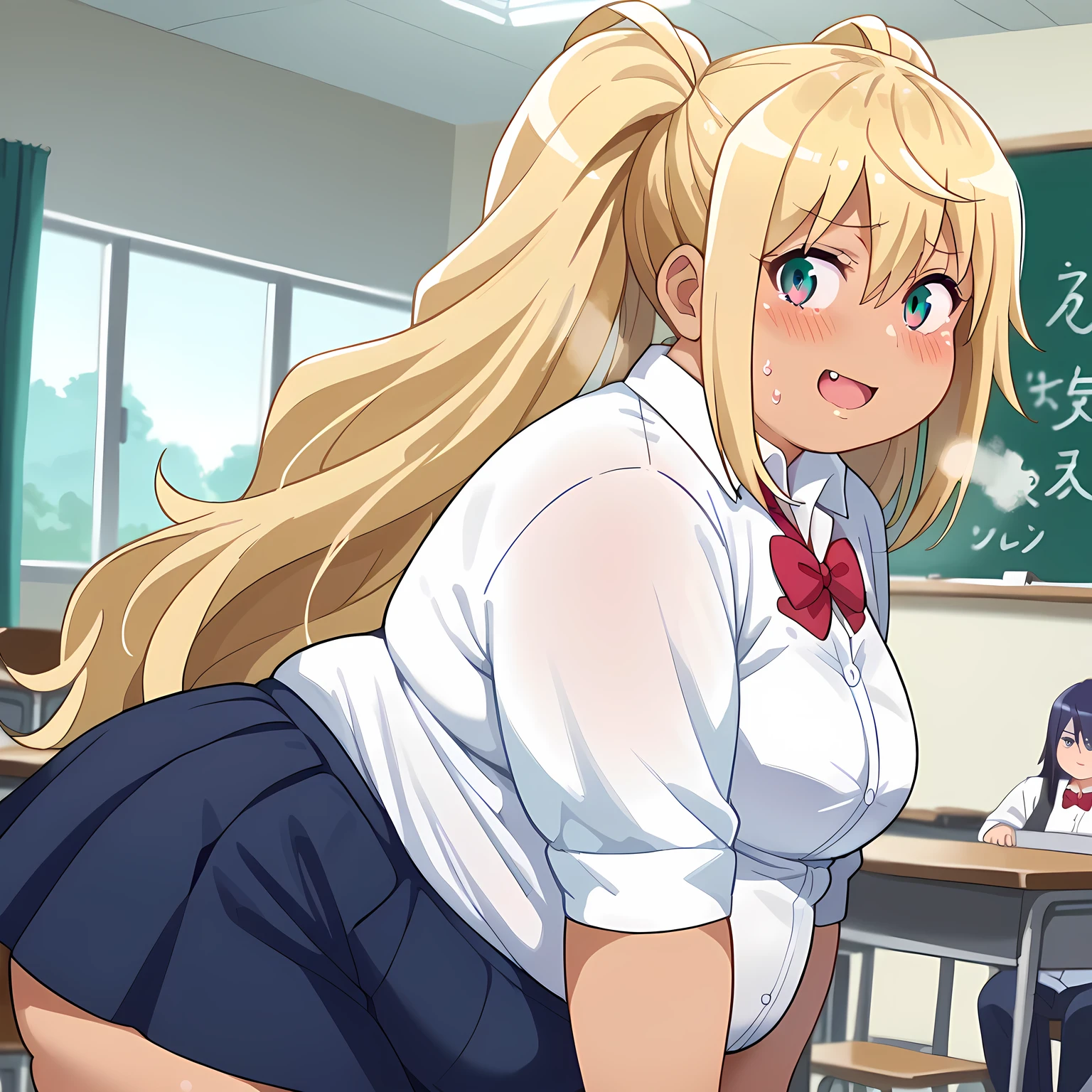 realistic anime art style,long skirt,( sailor uniform:1.2),(curvy body:1.3),(pleated skirt),brown bob hair,(tanned skin:1.4),(trembling:1.5),(flying heart shapes:1.4),(clothed gyaru and man having sex in classroom:1.5),(woman standing),vaginal penis,(sex from behind:1.2),back style,(vulgarity),huge buttocks,spread legs widely,thic,sweaty,(ahegao),thick thighs,bukkake on body,excessive cum,(bukkake on hair),,(side shot:1.2),