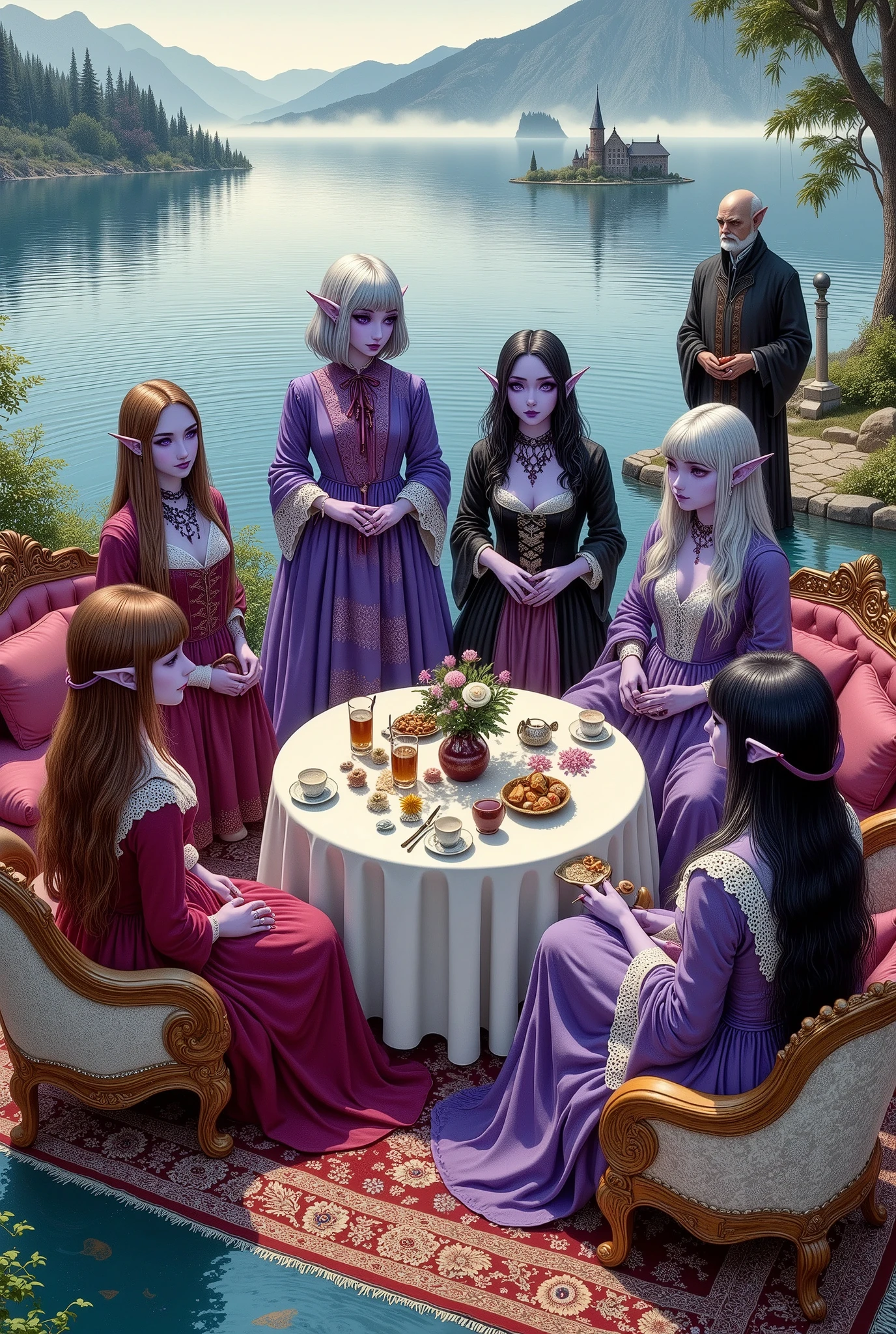 (Ultra-detailed face, Looking away, Fantasy Illustration with Gothic, Dark tone colors, Viewpoint from above looking down on the ground.), BREAK 
(The dark elf ladies are having a tea party with a magic Persian carpet floating in the center of a quiet, gently breezy lake with a deep mist, a small rococo round table in the center, and ladies sitting on rococo sofas, smiling and talking to each other. At the end of the carpet, an old butler watches over the ladies, smiling.), BREAK 
(The young dark elf ladies have brown hair and brown eyebrows, black hair and black eyebrows, gray hair and white eyebrows, blunt bangs, well-groomed chest-length hair, small pink lips, dark purple skin, and thick eyeliner.), BREAK 
(The dark elf ladies wear colorful bonnets, ribbon ties and scarves. They wear tight velour lace-up dresses printed with various seasonal floral patterns with lace ruffles. There is also a puff-sleeved dress. Around her waist she wears a long, colorful silk pareo. They wear glassy, sparkling mules. They wear anklets, bangles, rings, necklaces, and hair ornaments with scorpion motifs. They carry silk handkerchiefs.), BREAK 
(This is a vast lake spreading out among the mountains in the style of medieval Eastern Europe. The surface of the water gently ripples, creating an atmosphere of tranquility and peace. Mysterious ladies and butlers.)