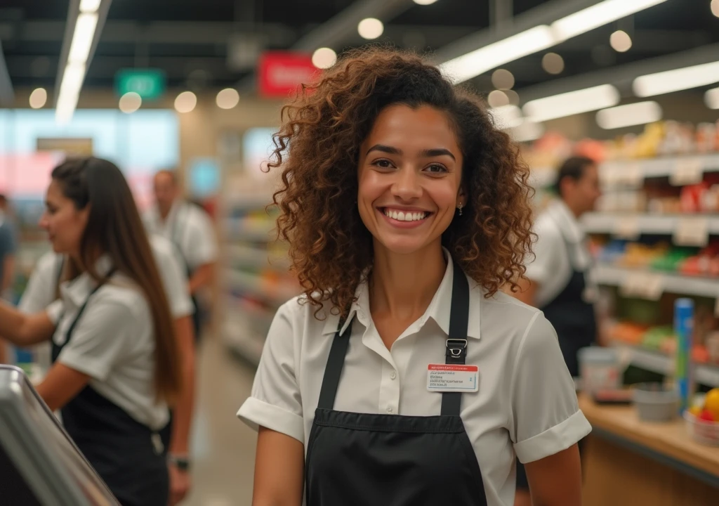 (medium full shot) of (courteous cashier) young woman, petite build, short brown curly down hair, african, dark skin, black eyes, scanning items, wearing a red apron dress, comfortable sneakers, minimal eyeliner light foundation, keychain, set in  a vibrant department store, with colorful displays, seasonal promotions, customer service desks, at night,, woman smiling, ,Masterpiece,best quality, photo, realistic, very aesthetic, detailed face,