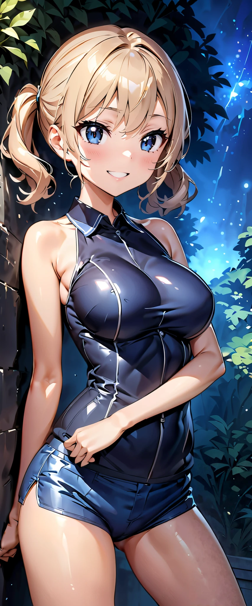 (((masterpiece)))、(( best quality))、( super detailed)、(CG illustration)、( very beautiful girl ))、 cinematic light 、((1 Girl))、 、(Beautiful and luxurious:1.2)、( one girl :1.3),garden,Junior high school students,Shiny sleeveless V-line bodysuit,jean micro shorts,,smile,, skinny,Fits perfectly against the skin,Big Breasts, ponytail