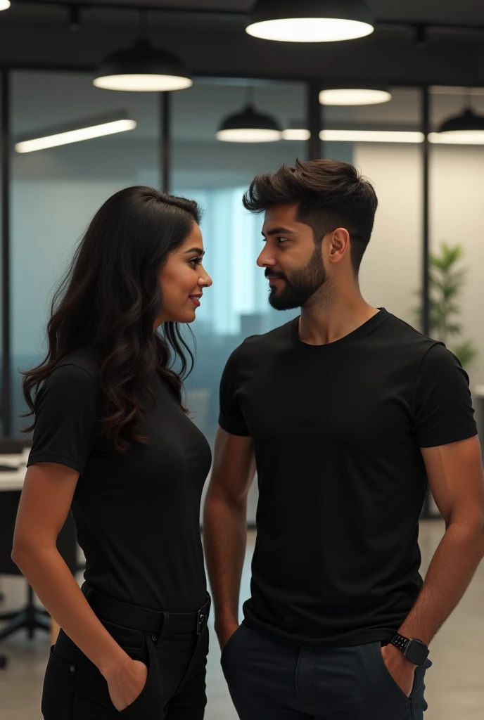 Handsome boss of an HR manager standing in jeans tshirt, indian male clean shave seating with hot hr manager