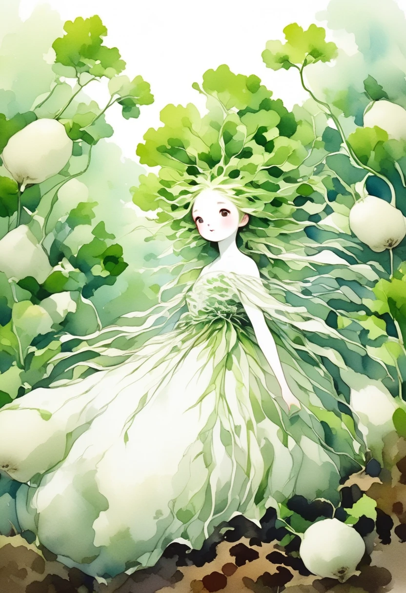 (masterpiece, best quality:1.2), A white-skinned cute daikon lady emerging from the soil. wearing dress made of daikon skin, green leaves hair. looking up. fantasy art, watercolor painting