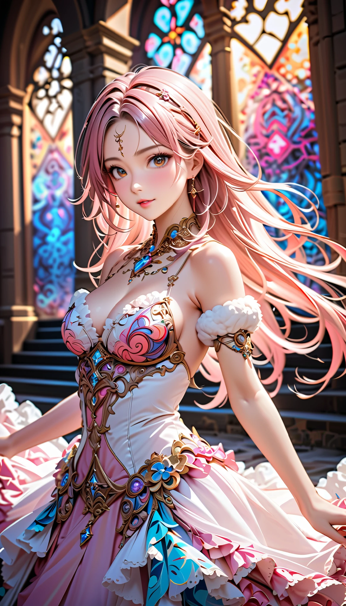 masterpiece, high quality, girl, sorceress, in battle stance doing magic, facing forward, full size, long brown hair with brown fox ears, really big blue eyes, blue ornaments in her hair, skinny, big breasts, cleavage, blue kimono with long wide sleeves and white/ gold details, white lace thigh-high stockings, white shoes with gold elements, cinematic light, waterfall, pink cherry trees, waterfall, night sky, stars, magic aura surrounding her