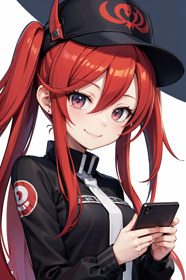  Airi Ban (Devil Survivor 2)、Red Hair、 long hair、 seventy-three part 、  one girl、smile、Black clothes、mobile phone