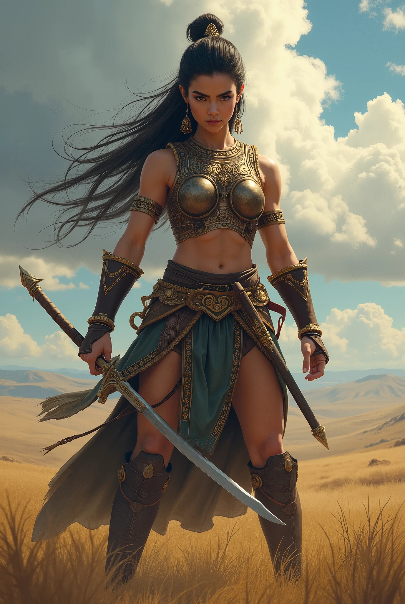 aztec goddess of war, very beautiful In Battle pose holding her macuahuitl (Mexican weapon)