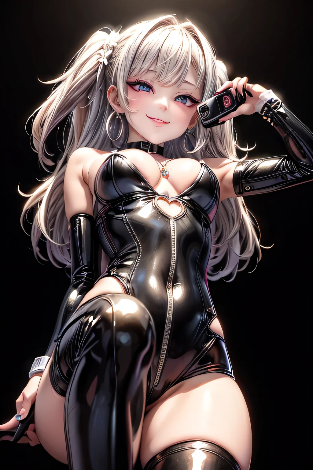 Crouch down facing forward、(((Yankee sitting)))、(((Poop sitting)))、(((open legs:1.4 )))、(((Wide-open legsでしゃがむ:1.4)))、(((Squat with your legs spread in an M-shape:1.4)))、BDSM、Queen、mistress、(((One girl)))、solo:1.8、(((Black latex elbow gloves:1.4 )))、(((Black latex kimono:1.4)))、(((Short length kimono)))、(((Black mule)))、(((Black fishnet stockings:1.2 )))、(((Stiletto heels:1.4)))、(((Black latex panties)))、(((Black latex bra)))、(((Black leather collar)))、(((Sexy pose:1.4 )))、Wide-open legs:1.2、(((Erotic)))、(((Cowboy Shot)))、masterpiece, Best Quality, High resolution, Holding Diff, Daki swing, One girl, (((Silver long hair:1.4 ))), (((Green Eyes)))、(((Vertical pupils like a cat)))、Letters in the eyes、( Style like a fashion model)、(8 heads)、Small Head、Anatomically perfect body、Two perfect anatomical arms、Two perfect anatomical legs、Perfect Fingers、Detailed face、Detailed eyes、Watching the audience, They're laughing, hair ornaments, Thigh Jump, belly button, Neckline, Old media, Very long hair, Closed Mouth, Kana, Multicolored Hair, Facial Imprint, Hairpin, (Cracked skin:1.4), hugging eyes, Bathing bathroom, Show your armpits、night, bed, Home、Staring at the audience:1.4、looking at the camera、(((smirk)))、(((blush)))