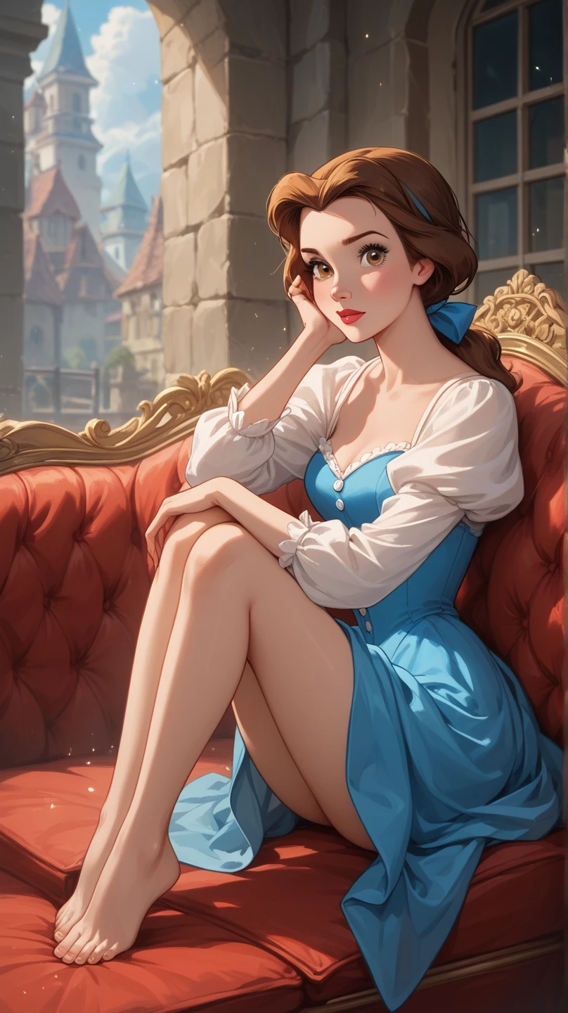 score_9, score_8_up, score_7_up, score_6_up, 1girl, full view, BREAK (Disney's Belle, brown hair, hazel eyes, fair skin, barefoot, blue bow, ponytail:1.3), BREAK (elegant alcove :1.1), BREAK sitting in a big sofa in her alcove, in a sexy pose, wearing blue dress, and white blouse with long sleeves, looking at the viewer, BREAK shallow depth of field, vignette, highly detailed, high budget, BREAK bokeh, moody, epic, gorgeous, film grain, grainy.