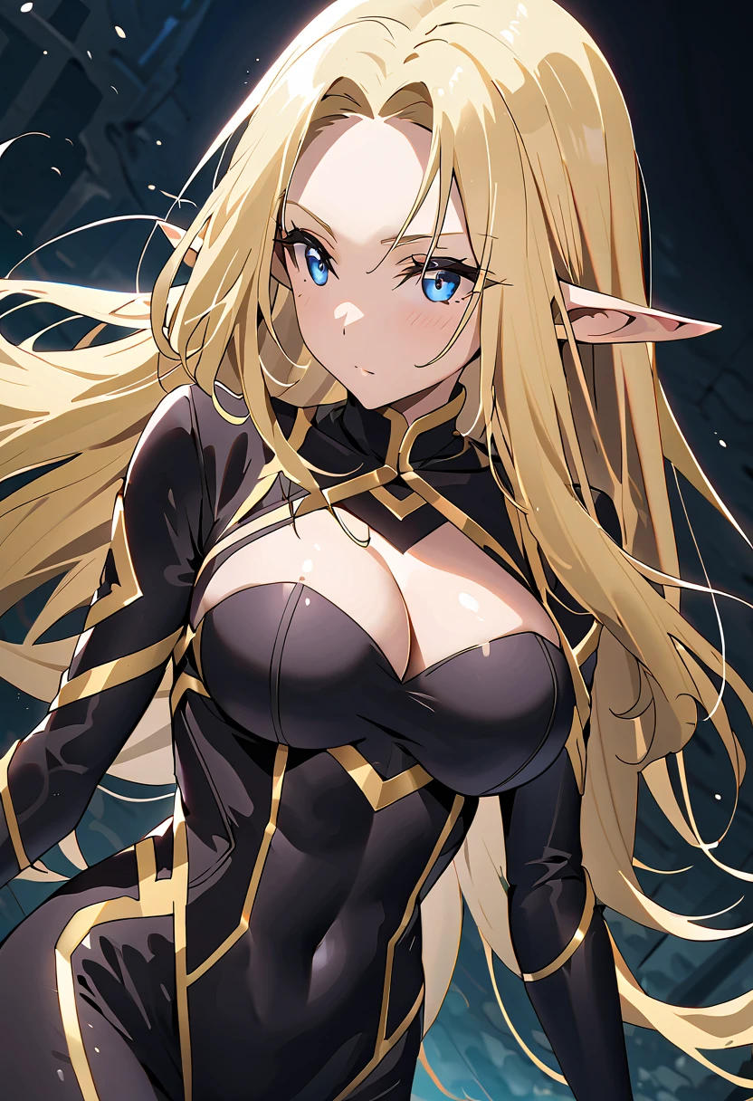 alpha、 long hair、 blue eyes、Blonde、 pointed ears、Elf、
 cleavage、 garment cutout 、 cleavage切り抜き、 Bodysuit 、黒の Bodysuit 、