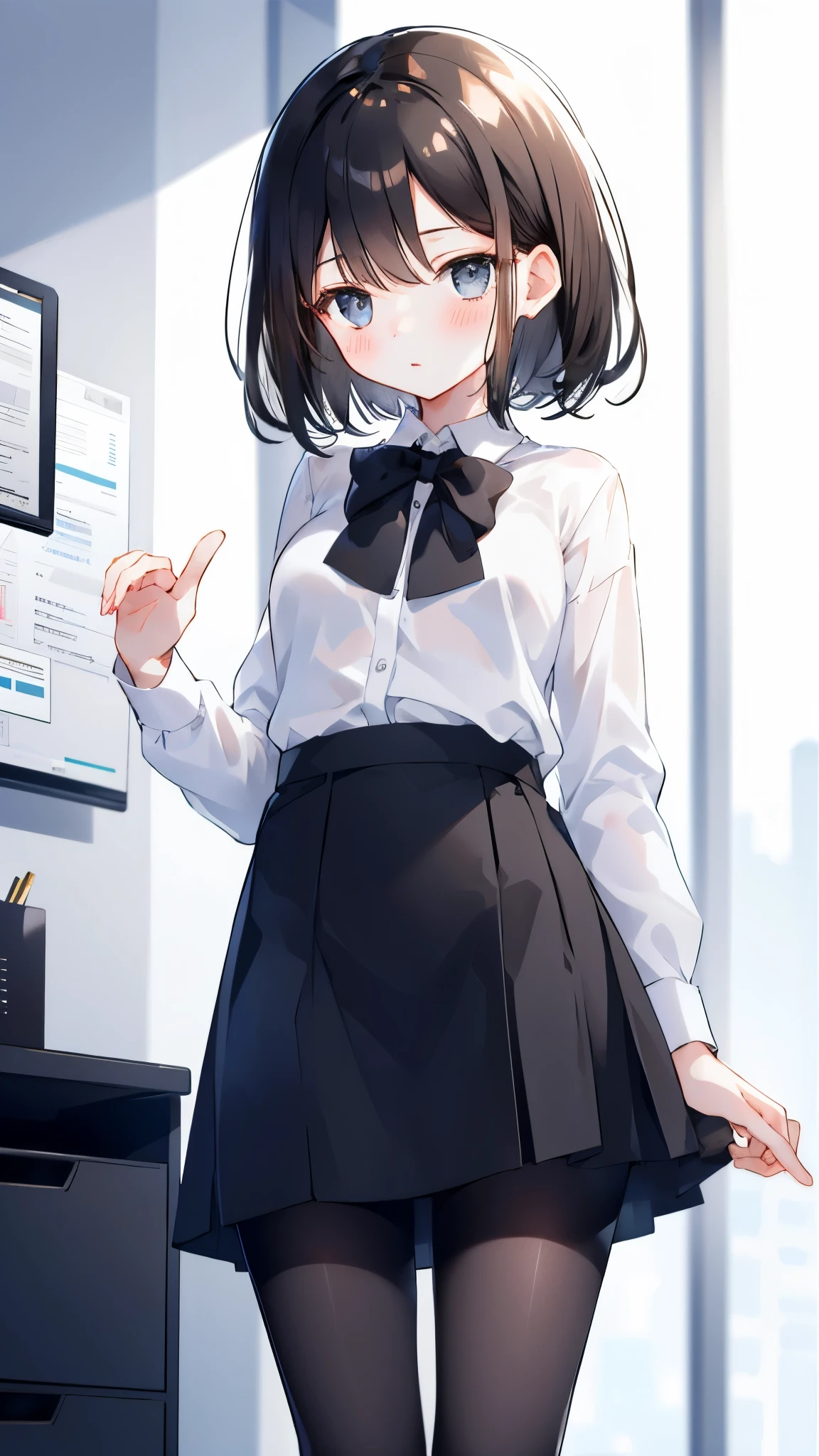 Girl with short dark hair ，Shy， blush， A young brunette girl office secretary wearing a transparent white shirt、Black office skirt and black pantyhose