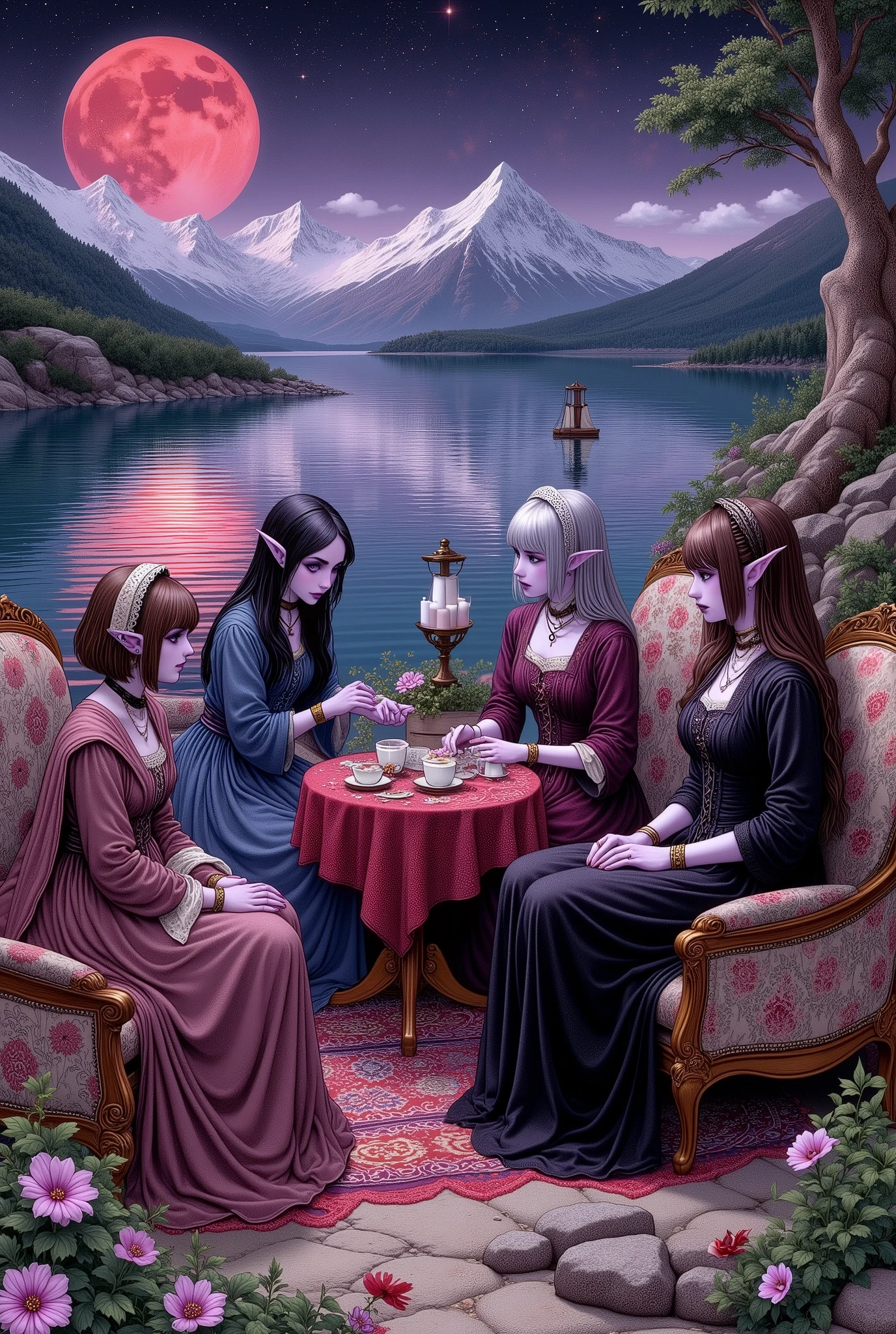 (Ultra-detailed face, Looking away, Fantasy Illustration with Gothic, Dark tone colors, Viewpoint from above looking down on the ground.), BREAK 
(The dark elven ladies are having a tea party with a magical Persian carpet floating in the center of a quiet lake with a red moon and stars twinkling in the night sky and a fresh breeze blowing, with a small rococo round table in the center and the ladies sitting on rococo sofas and chairs, smiling and conversing. At the end of the carpet, an old butler watches over the ladies, smiling.), BREAK 
(The young dark elf ladies have brown hair and brown eyebrows, black hair and black eyebrows, gray hair and white eyebrows, blunt bangs, well-groomed chest-length hair, small pink lips, dark purple skin, and thick eyeliner.), BREAK 
(The dark elf ladies wear colorful bonnets, ribbon ties and scarves. They wear tight velour lace-up dresses printed with various seasonal floral patterns with lace ruffles. There is also a puff-sleeved dress. Around her waist she wears a long, colorful silk pareo. They wear glassy, sparkling mules. They wear anklets, bangles, rings, necklaces, and hair ornaments with scorpion motifs. They carry silk handkerchiefs.), BREAK 
(This is a vast lake spreading out among the mountains in the style of medieval Eastern Europe. The surface of the water gently ripples, creating an atmosphere of tranquility and peace. Mysterious ladies and butlers.)