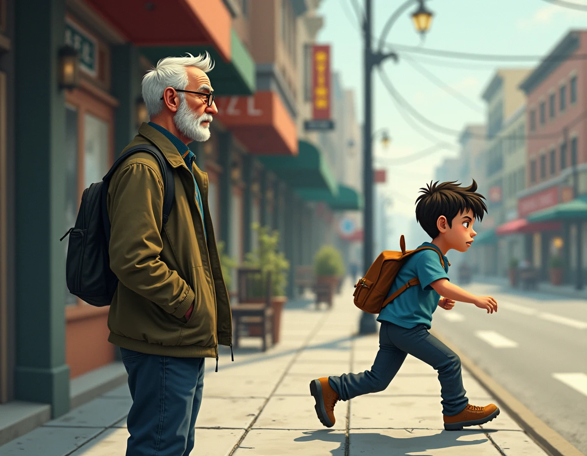 Image of a child on the street outside his house walking towards her with a homeless man asking for help or money