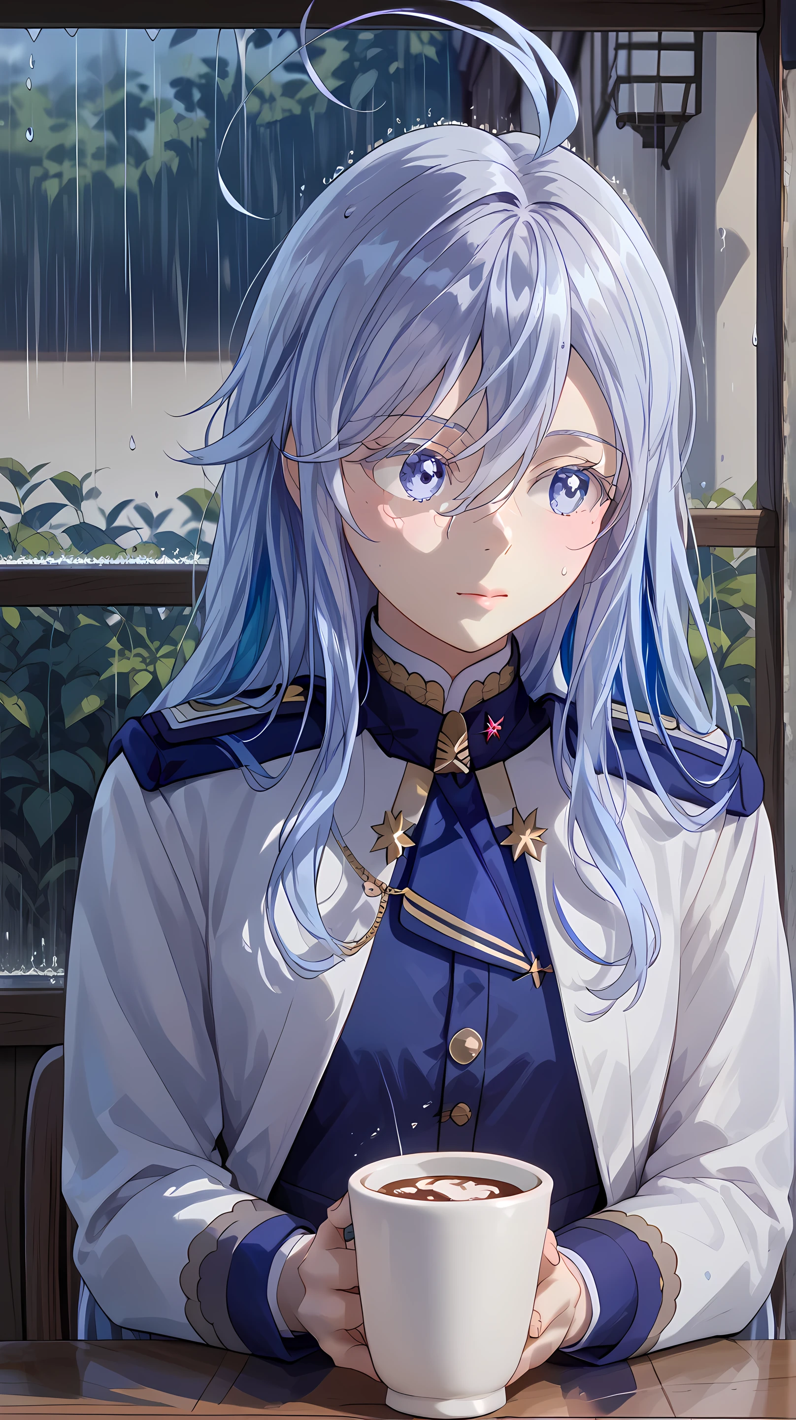 (Vladilena Milize), ((cute)), (Vladilena), light blue hair, blue eye, anime style, blue and white uniform, sitting in cafe, (looks away), close up, rainy, holding a cup, ahoge