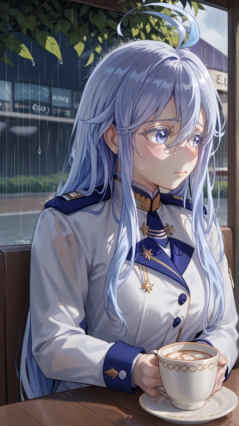 (Vladilena Milize), ((cute)), (Vladilena), light blue hair, blue eye, anime style, blue and white uniform, sitting in cafe, (looks away), close up, rainy, cup, shy, ahoge, tucking hair