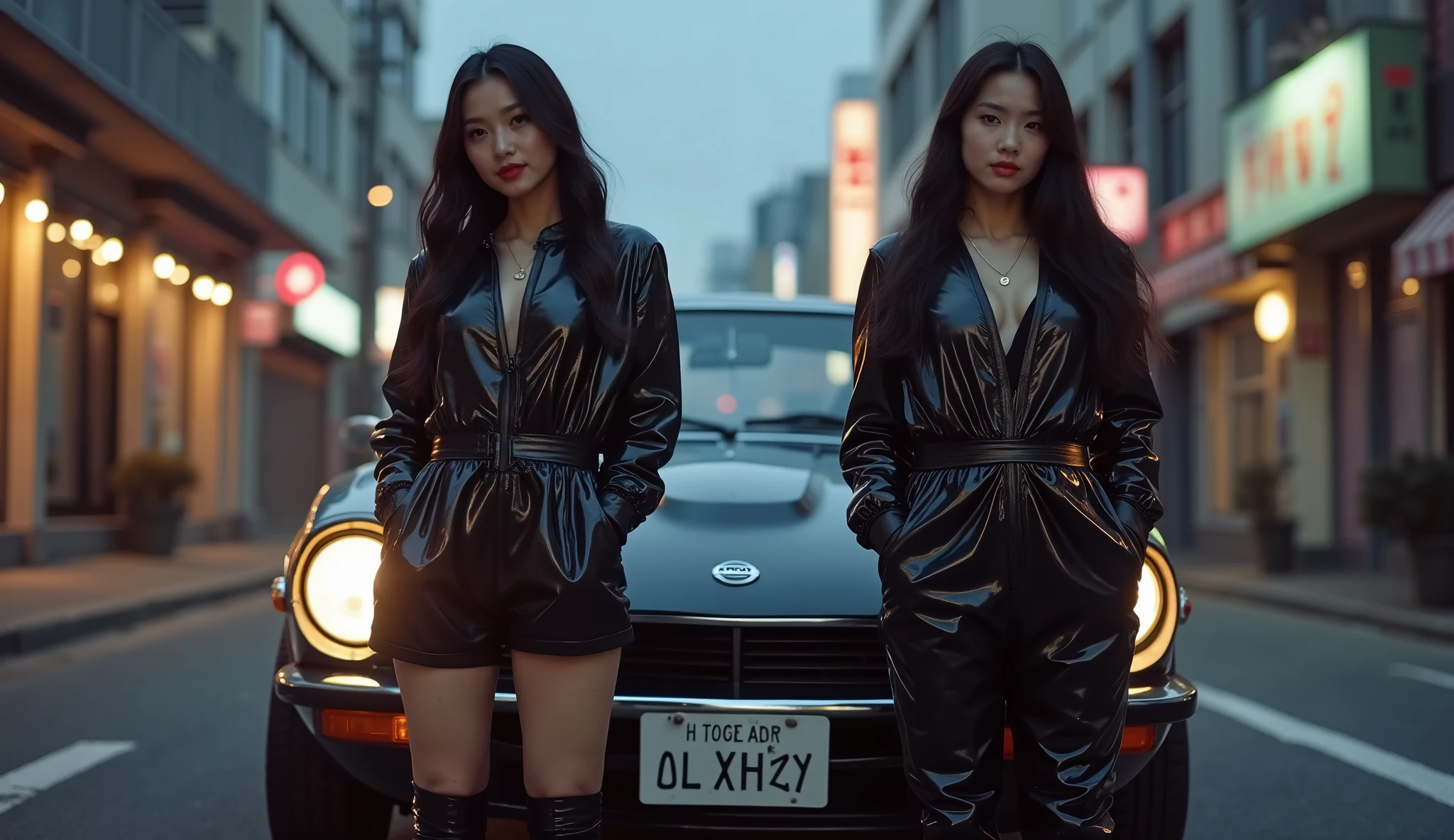 Luxury car seat, 21 year old Hong Kong girl, cool look, long brown hair, satin fabric lifting shirt, black leather mini skirt, high heels, night, looking at camera