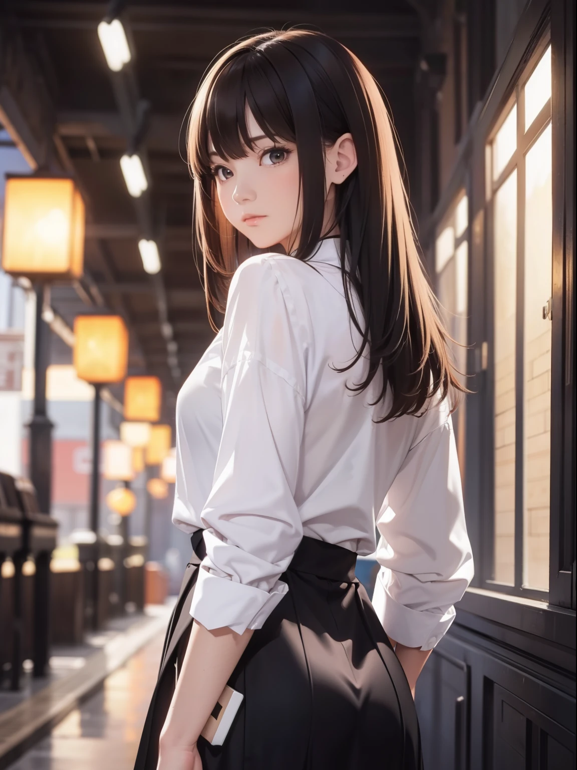 (from behind,Looking back:1.2), Small face,Calves,bashful,white polo shirt,Navy check mini skirt、(dark blue socks)、((Rear view))、Angle from directly below the rear, ((View from directly below))、downtown,station stairs、on the way to school, (Skirts that flip in strong winds, Stylish white panties hidden under a skirt:1.3), ,,,1 Japanese female, (The real face of a 20 year old),Shy Smile,,,,,,,(Svelte Body,Medium Breasts:1.6),gigantic hips,(Medium Hair,Wavy Hair, Brown hair:1.2),, Soft Portrait Shot, Smooth, White skin like porcelain,, transparent white skin, , Pure white skin,Photorealistic perfect body, Real Engraving Idol, 4K, ,,,(8K, RAW Photos, Ultra-high resolution, highest quality, masterpiece:1.2), (Realistic illustrations), (Highly detailed CG Unity 8k wallpaper) ,white light illumination
