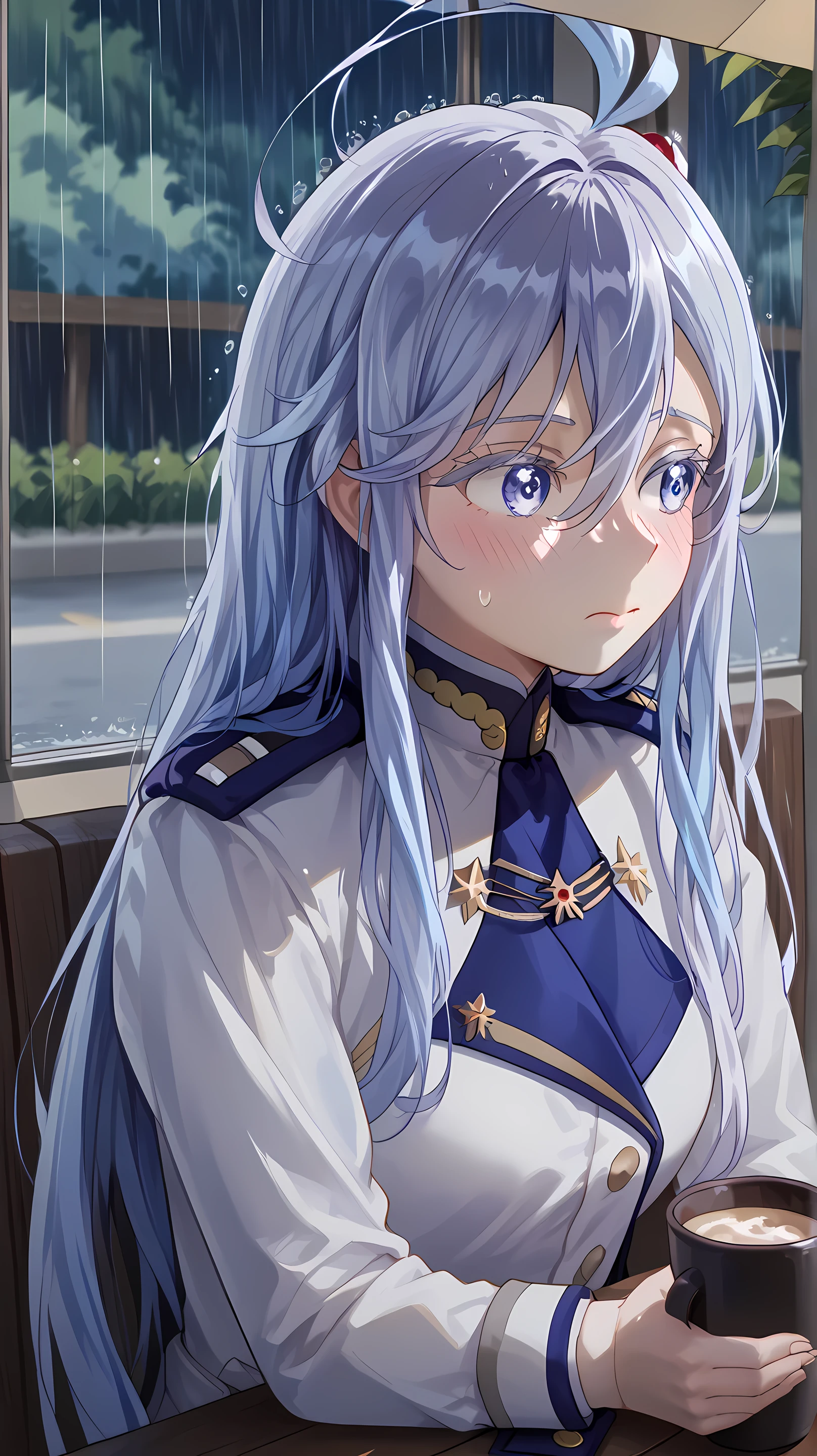 (Vladilena Milize), ((cute)), (Vladilena), light blue hair, blue eye, anime style, blue and white uniform, sitting in cafe, (looks away), close up, rainy, cup, shy, ahoge, tucking hair