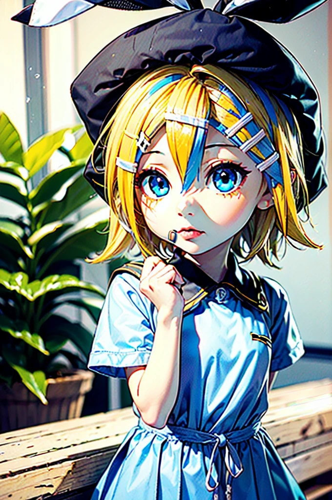 (((Masterpiece))), (((Top Quality))), (((Super detail))), Wonderful,(((Dark light blue eye color)))((((((1 girl)))))),(((Kagamine rin))),(((Blonde hair))), (((short hair))),(((Chibi))),