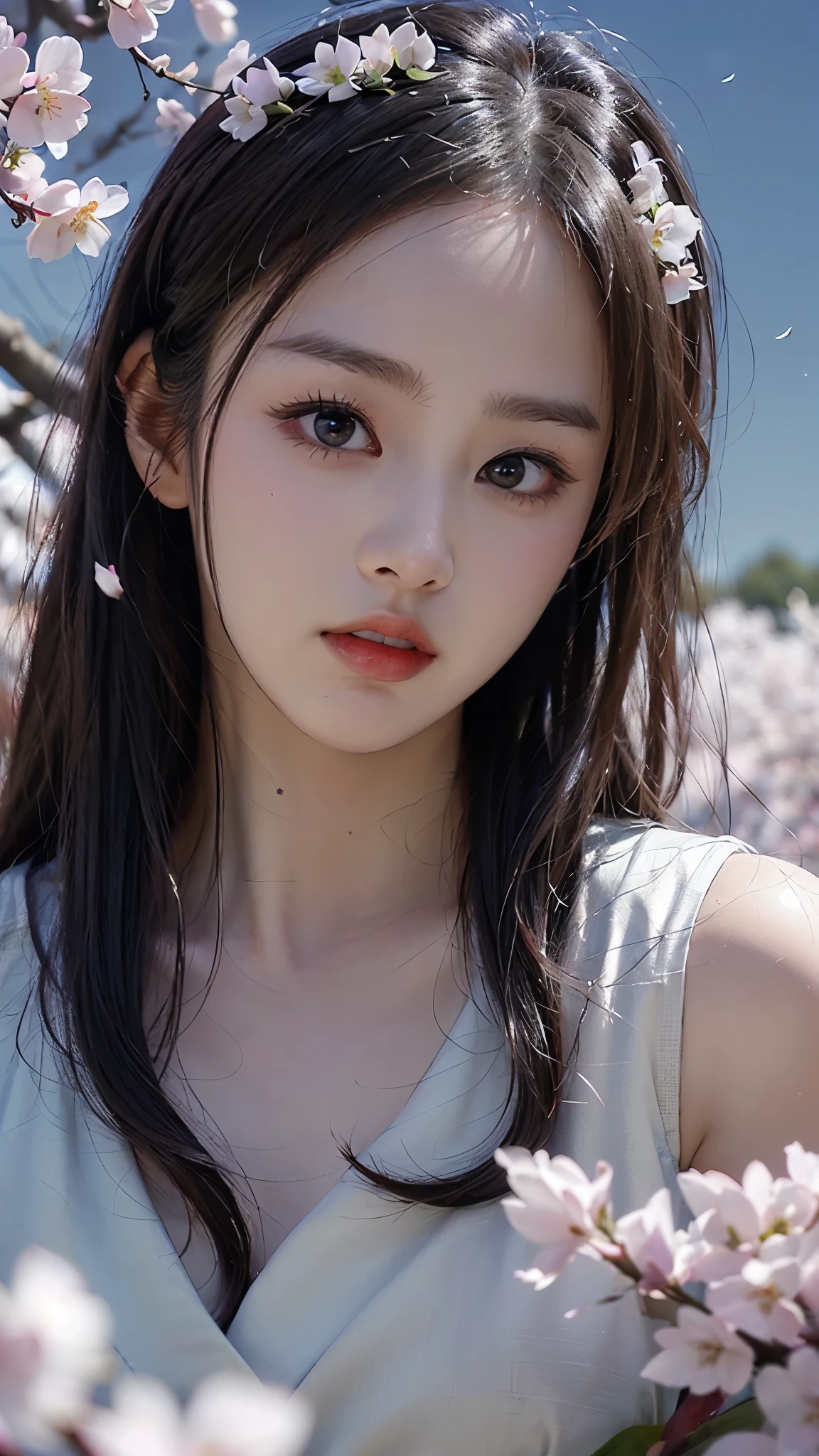 ( logo , masterpiece, 8k, Tabletop, RAW photos, huge , Top Quality, realistic and High quality 디테일 CG integrated 8k wallpaper, High quality, High quality 디테일, particle effect , Dynamic Effects , border depth , Movie lighting, Lens Flare, ray tracing , with pale golden eyes )), (( 1 Beautiful Woman , silvery long hair , beautiful face, Real face, beautiful, clear eyes, beautiful skin )), ((night, , Blue full moon , night sky, cherry blossoms, cherry blossomss, Falling Petals , Flying petals)), beautiful eyes