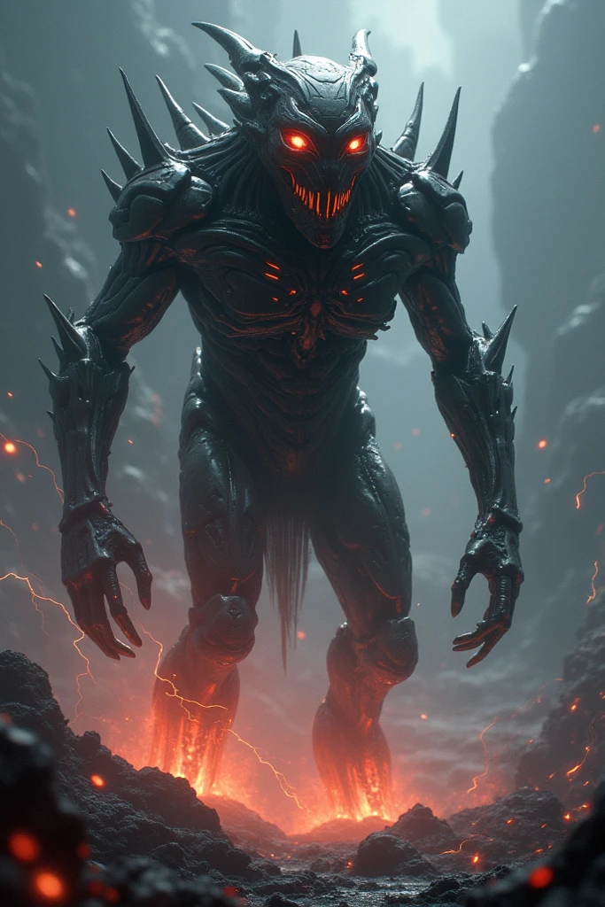 A towering, skeletal figure stands over 20 feet tall, its bony frame wreathed in flickering, ethereal flames. Its elongated, misshapen skull has hollow, sunken eye sockets that seem to pierce the soul. Wisps of smoke curl from between its exposed, jagged teeth. Massive, clawed hands tipped with razor-sharp phalanges hang at its sides, radiating intense heat. As it moves, the ground trembles beneath its thunderous steps, leaving a trail of smoldering destruction in its wake.