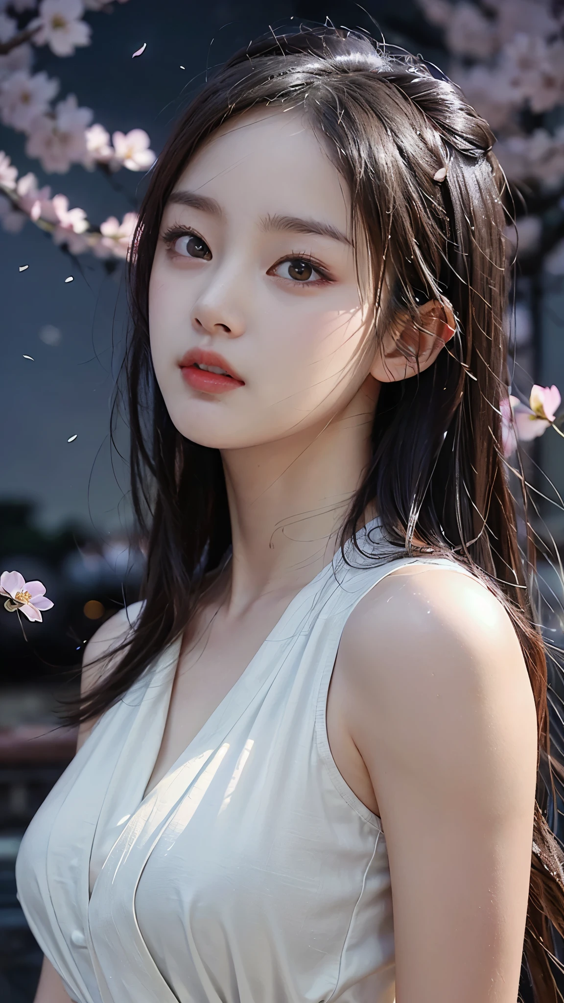 ( logo , masterpiece, 8k, Tabletop, RAW photos, huge , Top Quality, realistic and High quality 디테일 CG integrated 8k wallpaper, High quality, High quality 디테일, particle effect , Dynamic Effects , border depth , Movie lighting, Lens Flare, ray tracing , with pale golden eyes )), (( 1 Beautiful Woman , silvery long hair , beautiful face, Real face, beautiful, clear eyes, beautiful skin )), ((night, , Blue full moon , night sky, cherry blossoms, cherry blossomss, Falling Petals , Flying petals)), beautiful eyes