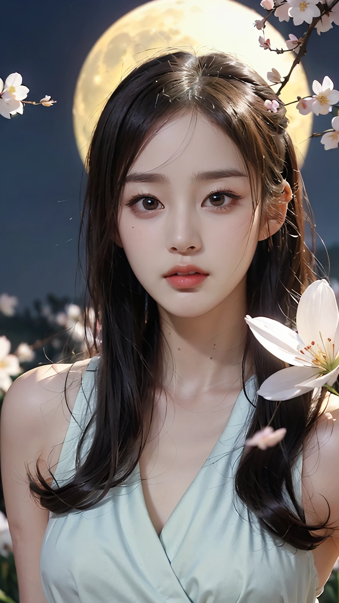 ( logo , masterpiece, 8k, Tabletop, RAW photos, huge , Top Quality, realistic and High quality 디테일 CG integrated 8k wallpaper, High quality, High quality 디테일, particle effect , Dynamic Effects , border depth , Movie lighting, Lens Flare, ray tracing , with pale golden eyes )), (( 1 Beautiful Woman , silvery long hair , beautiful face, Real face, beautiful, clear eyes, beautiful skin )), ((night, , Blue full moon , night sky, cherry blossoms, cherry blossomss, Falling Petals , Flying petals)), beautiful eyes