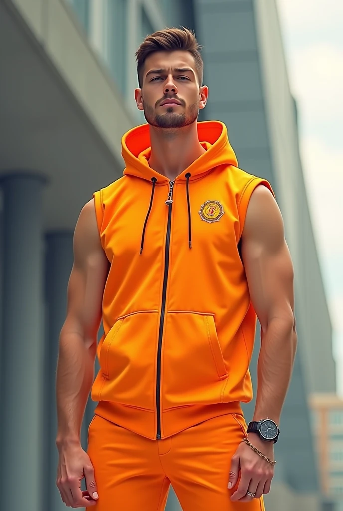(absurdres, highres, ultra detailed, Ultra HD), ((tall handsome muscular man with a strong physique, solo, male model modern clothing, Full length portrait: 1.5, wearing a fox costume based zip-up jumpsuit with a hoodie that is unzipped revealing his chest and abs, bulge: 1.2)), beautiful, gorgeous, wet, mature, perfect eyes, sexy gaze, (looking at the viewers romantically), perfect body, smooth skin, a hot glow in his skin, extra large chest, largest breasts, extremely large pectorals, big nipples, breathtaking grandeur, model pose, colorful, artistic, focus on his calm facial features, elegant look, sexy posture, full body view,