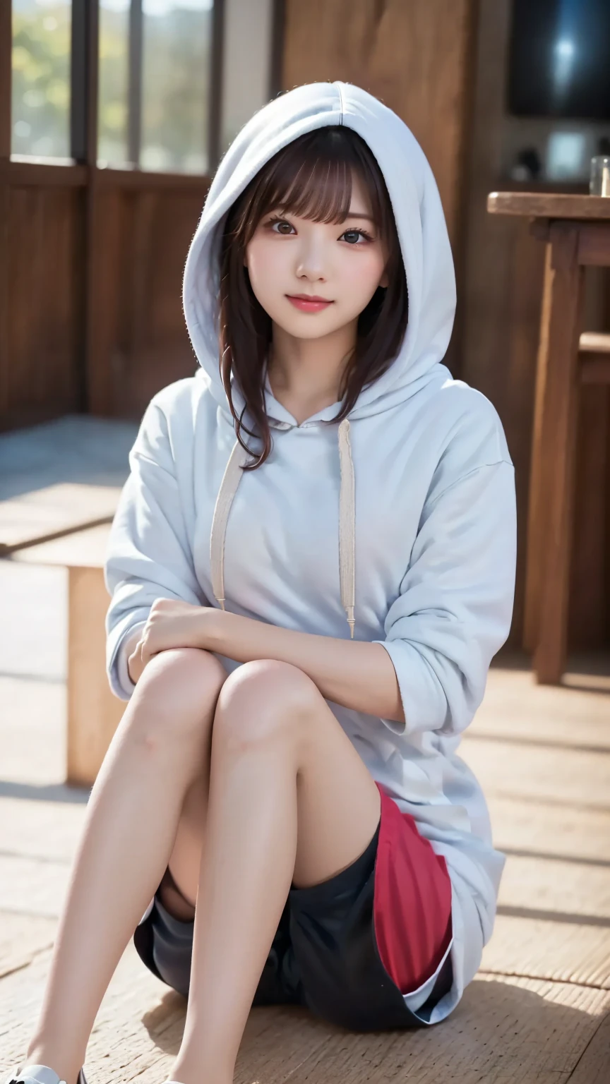 Smile、natta、Raw photography、(((Portrait of extreme beauty)))、((glistning skin))、女の子1人、15 year old beautiful girl in Prague、bright expression、((brown haired))、(cleavage of the breast)、(Larger hoodie)、[Big blue eyes that shine like jewels]、Glossy glossy skin、Silky long straight hair、eye liner、Beautiful bangs、Hair between the eyes、((​masterpiece、top-quality、ultra-detailliert、Film Light、intricate-detail、hight resolution、ighly detailed))、细致背景、8KUHD、Digital SLR、Soft light、hightquality、Film grain、FujifilmXT3 、Shallow depth of field、natural soft light、Kamimei、beutiful breast、((Angle up to the knee))